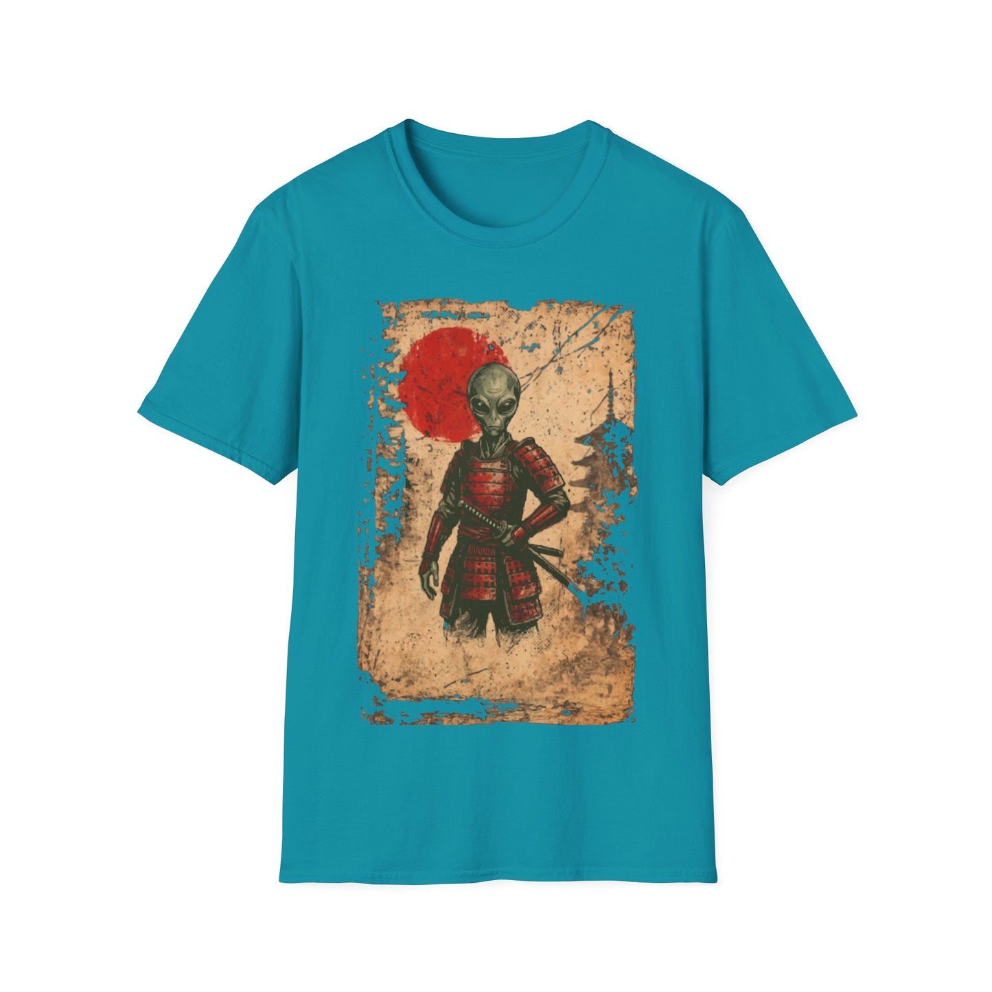 Alien Samurai t-shirt design, featuring a grey alien warrior in red samurai armor with a sheathed katana against a distressed parchment style background with a red sun behind it on a sapphire blue background
