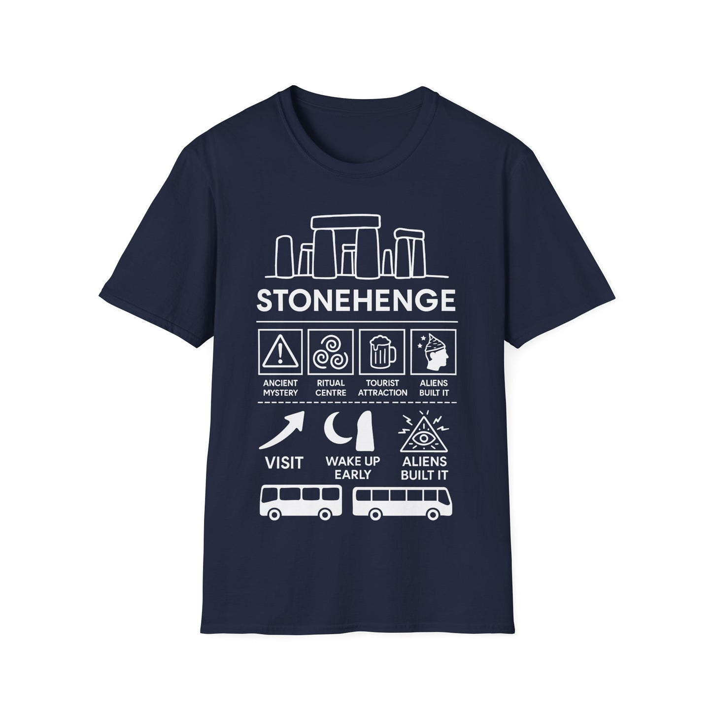 Stonehenge Icon Based t-shirt design, featuring bold white Stonehenge lettering with outlined stone monument, mystical symbols, buses, and humorous ancient mystery icon panels in a monochrome infographic style on a navy blue background