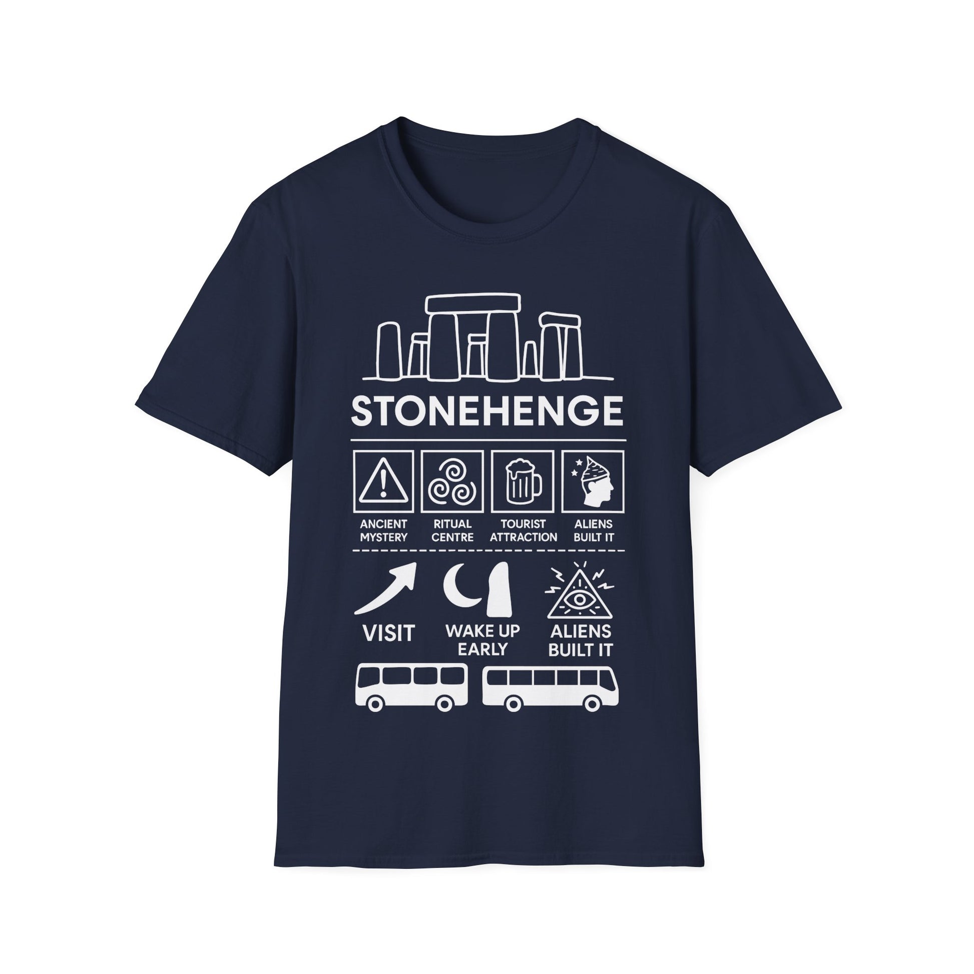 Stonehenge Icon Based t-shirt design, featuring bold white Stonehenge lettering with outlined stone monument, mystical symbols, buses, and humorous ancient mystery icon panels in a monochrome infographic style on a navy blue background