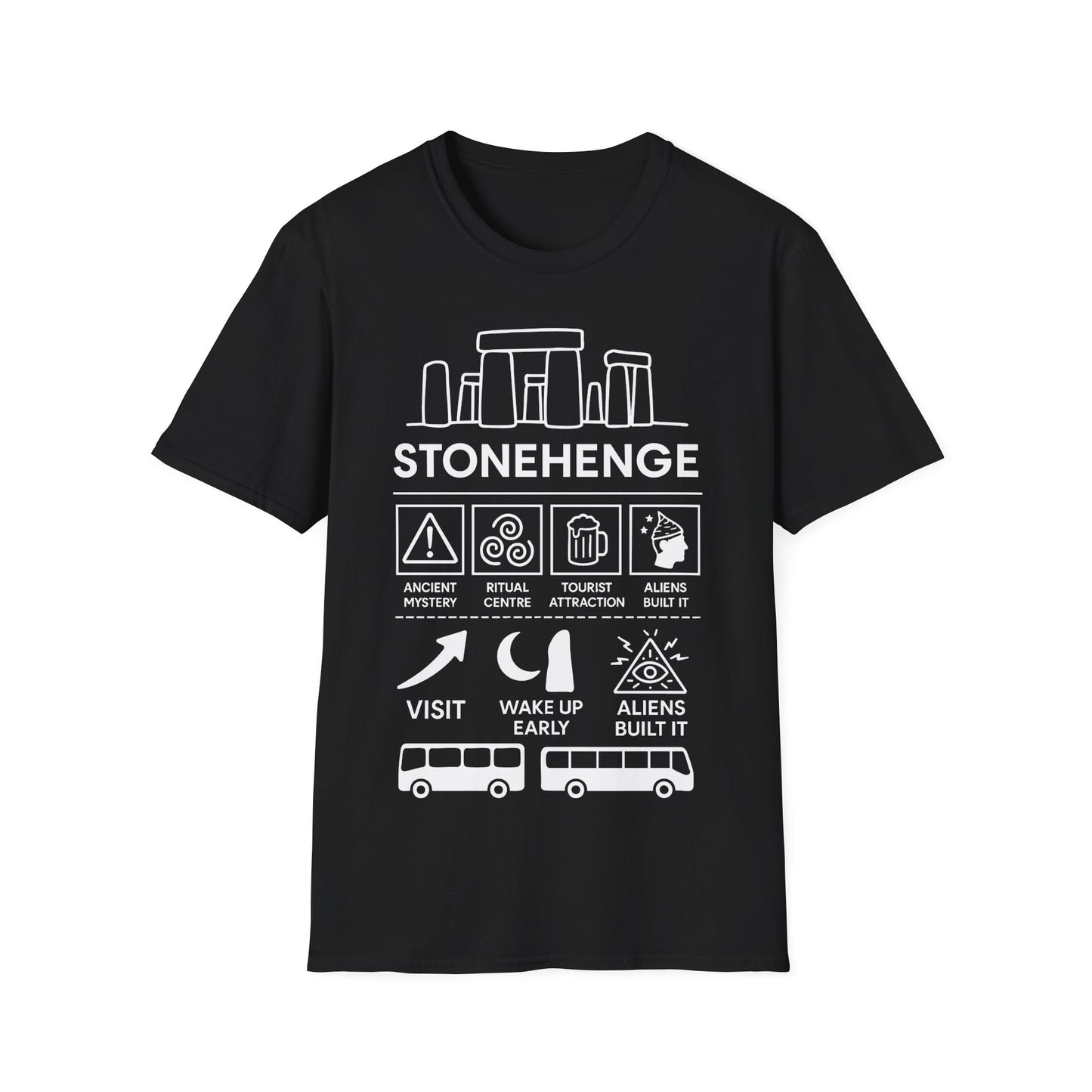 Stonehenge Icon Based t-shirt design, featuring bold white Stonehenge lettering with outlined stone monument, mystical symbols, buses, and humorous ancient mystery icon panels in a monochrome infographic style on a black background