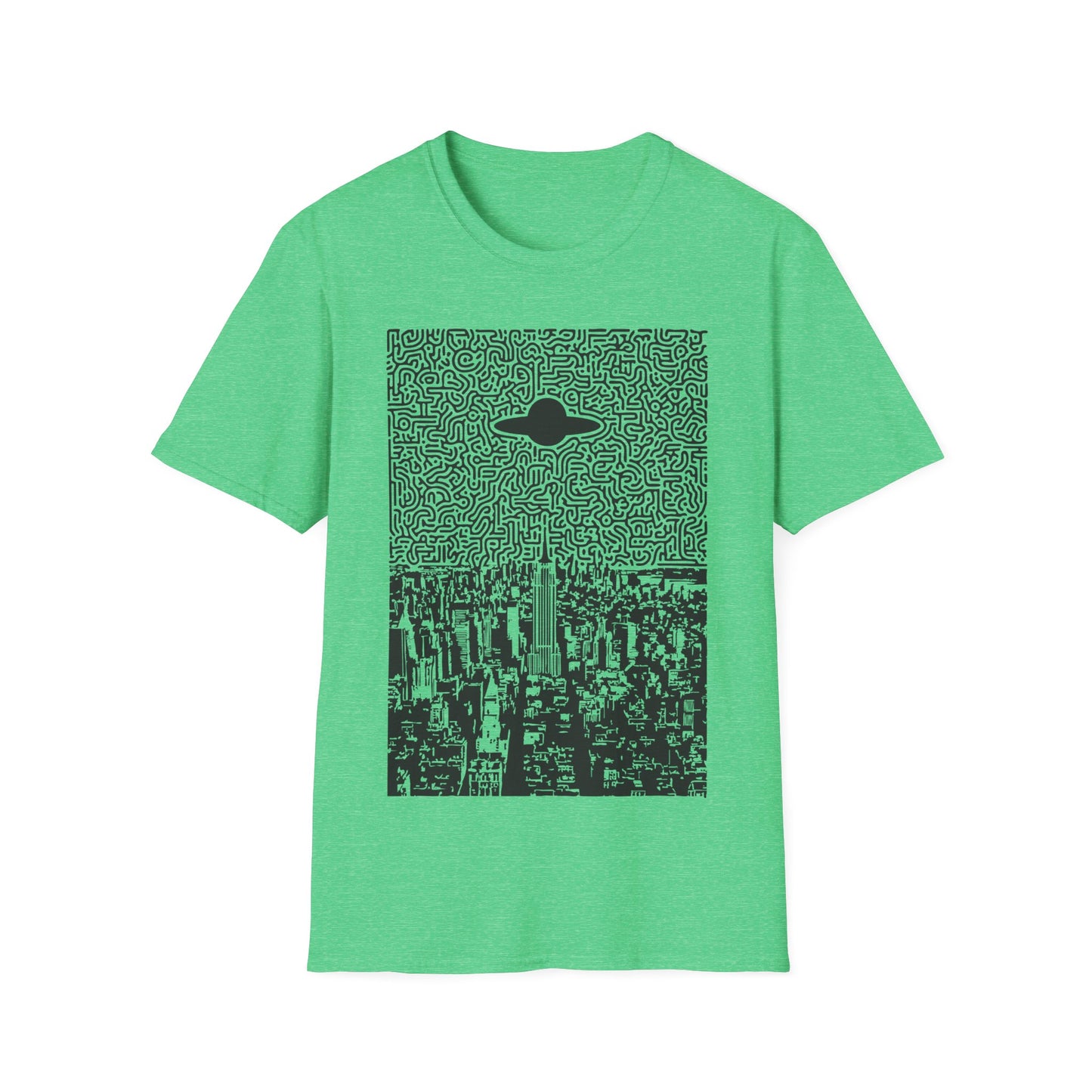 UFO over New York t-shirt design with flying saucer hovering above New York City skyline and abstract maze-pattern night sky on green t-shirt