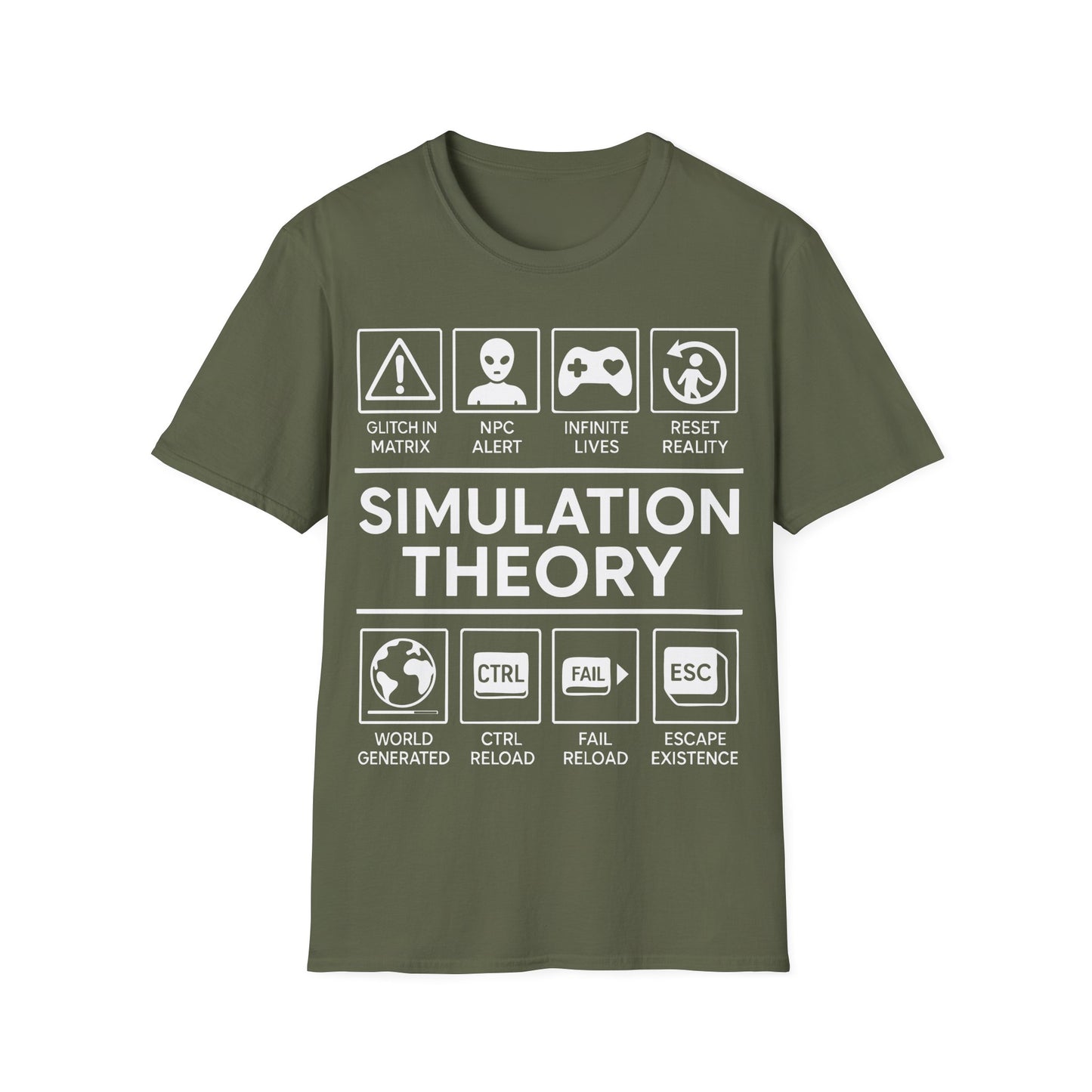 Simulation Theory t-shirt design, featuring bold white Simulation Theory lettering with glitch warning, alien head, game controller, reset icon, and digital reality-themed symbol panels in a monochrome infographic style on a military green background