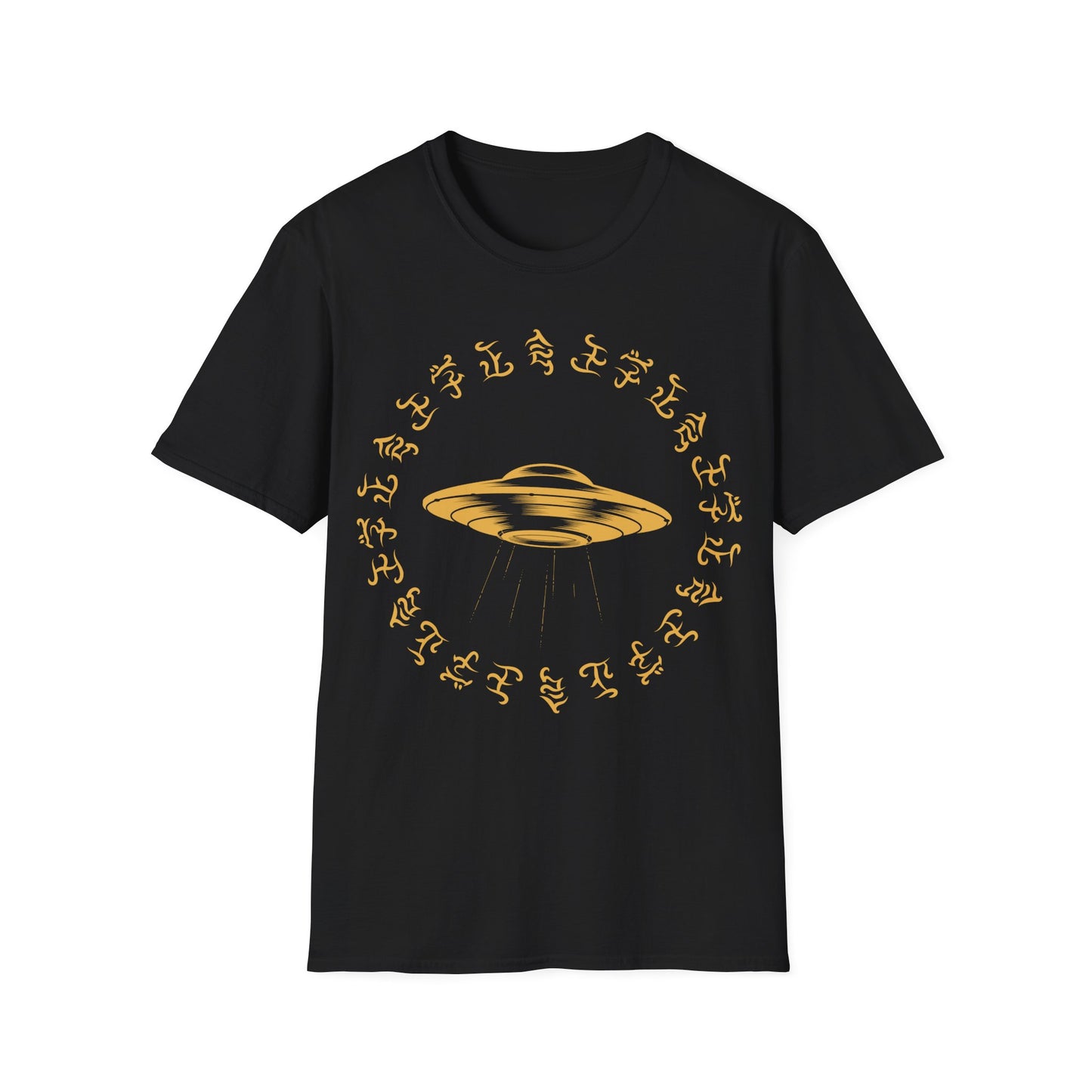 Gold UFO with beam of light t-shirt design, surrounded by a circular ring of stylized alien glyph symbols on a black background