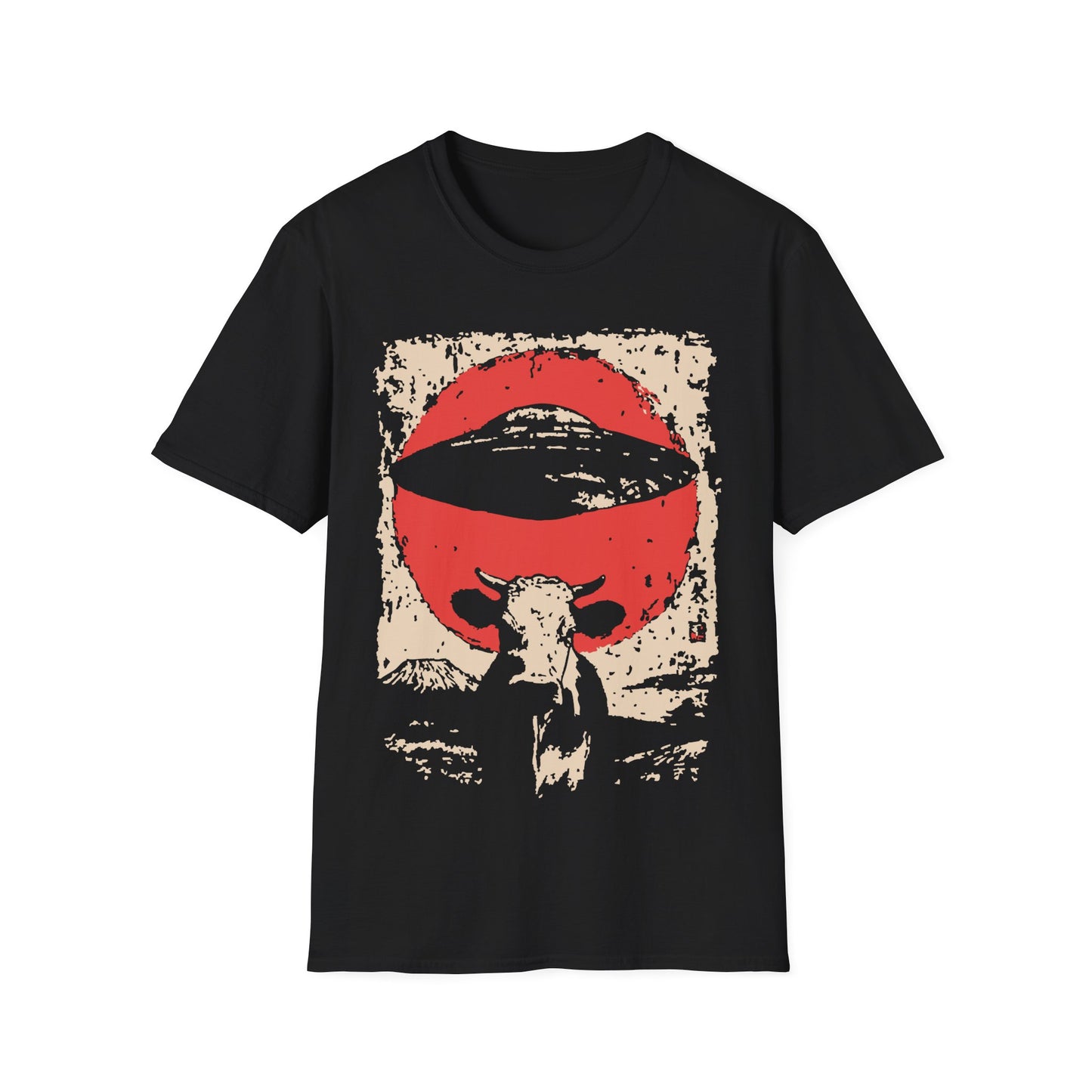 UFO Cow Abduction Red Sun t-shirt design, featuring a longhorn cow silhouette beneath a hovering flying saucer and oversized red sun in a distressed vintage sci-fi illustration on a black background
