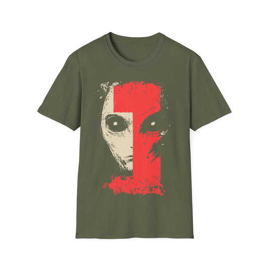 Alien Face t-shirt design, featuring a split face alien portrait in pale beige and distressed red with oversized eyes in a bold minimalist sci-fi illustration on a military green background