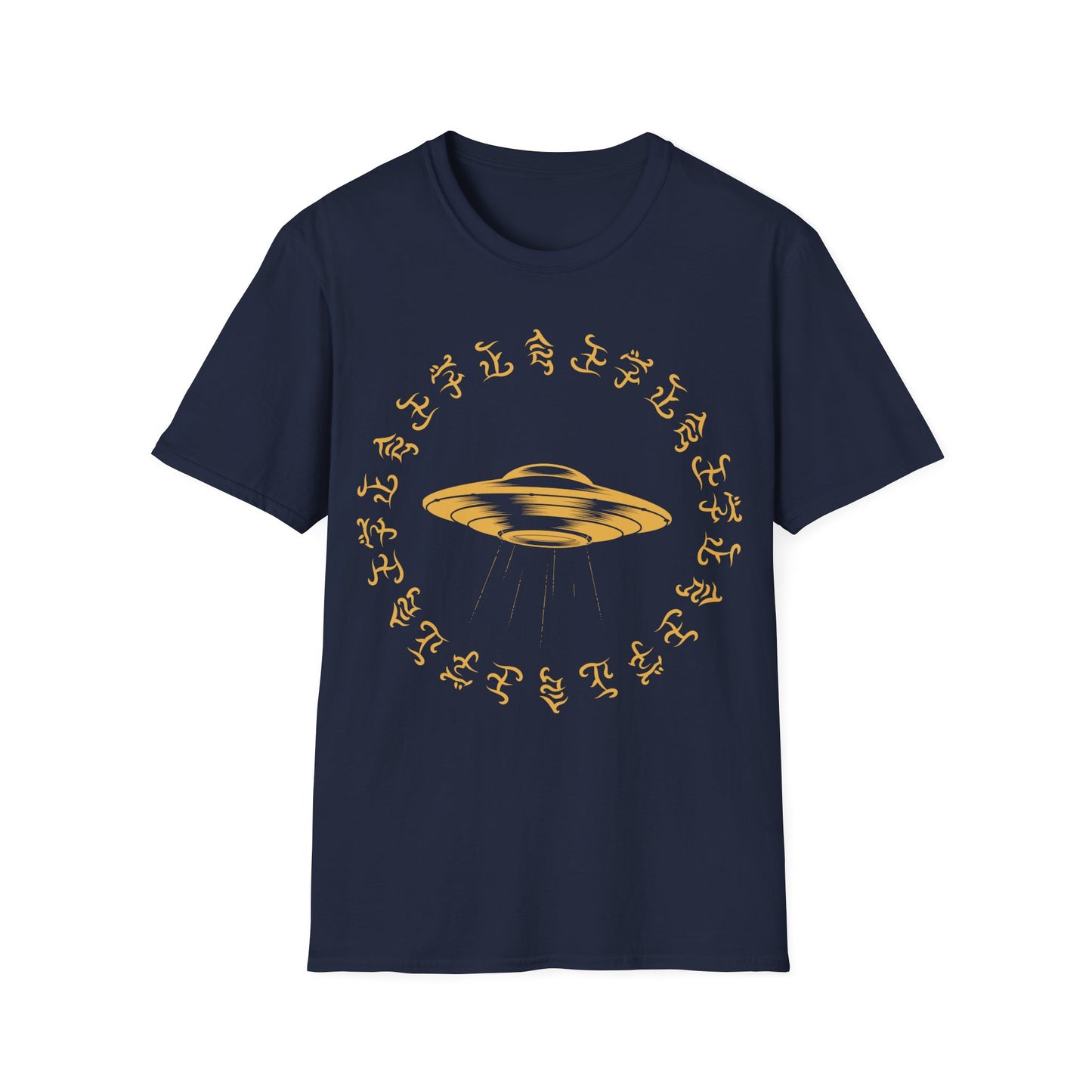 Gold UFO with beam of light t-shirt design, surrounded by a circular ring of stylized alien glyph symbols on a navy blue background