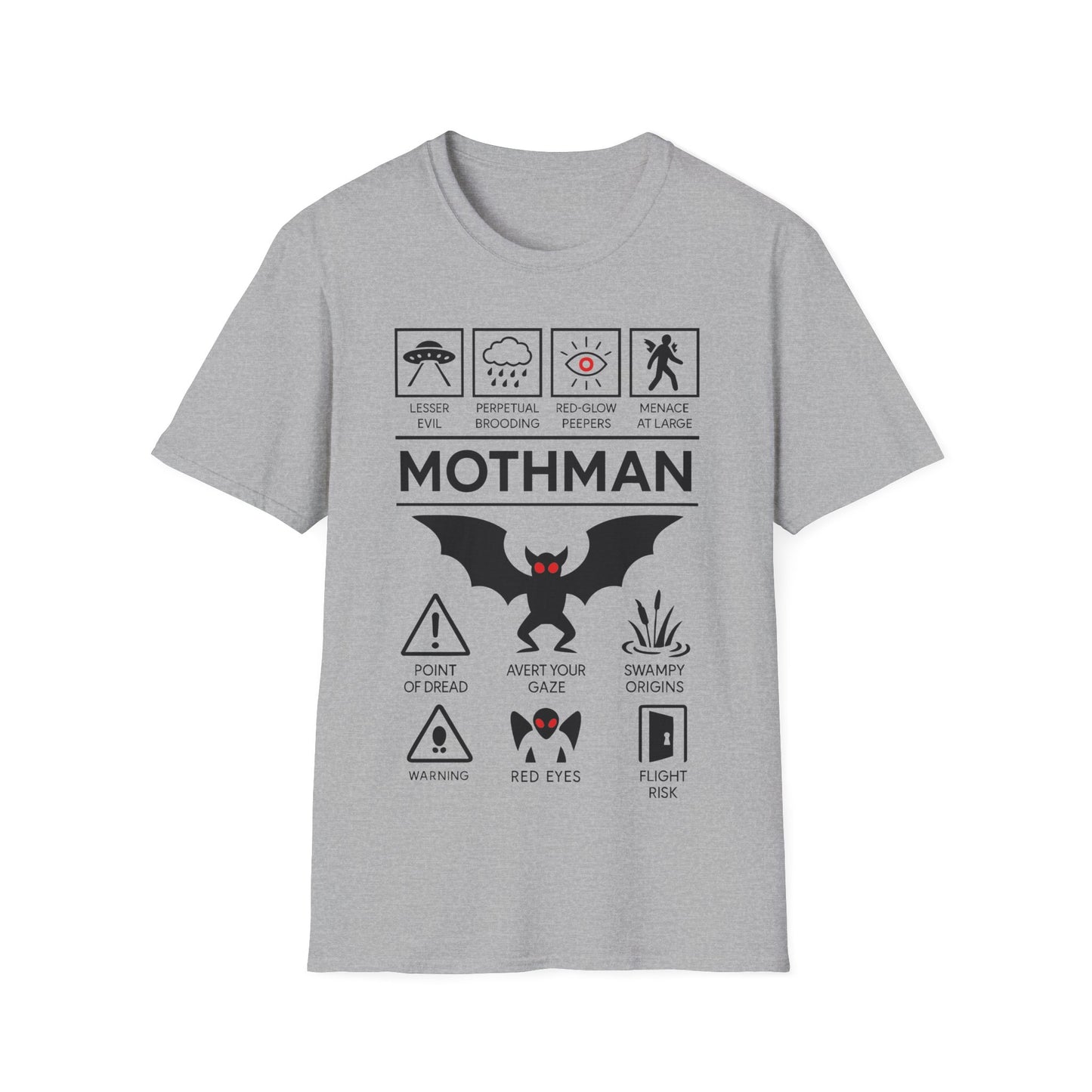 Mothman Icon Based t-shirt design, featuring bold white Mothman lettering with red-eyed winged creature, UFO, warning symbols, and cryptid-themed icon panels in a monochrome infographic style on a grey background