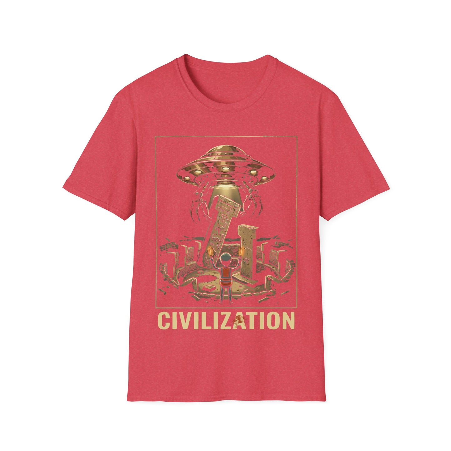 Gobeklitepe Construction t-shirt design, featuring a small alien overseeing a hovering UFO lifting carved stone pillars above an ancient circular site including word 'Civilization' in a retro sci-fi illustration on a heather red background