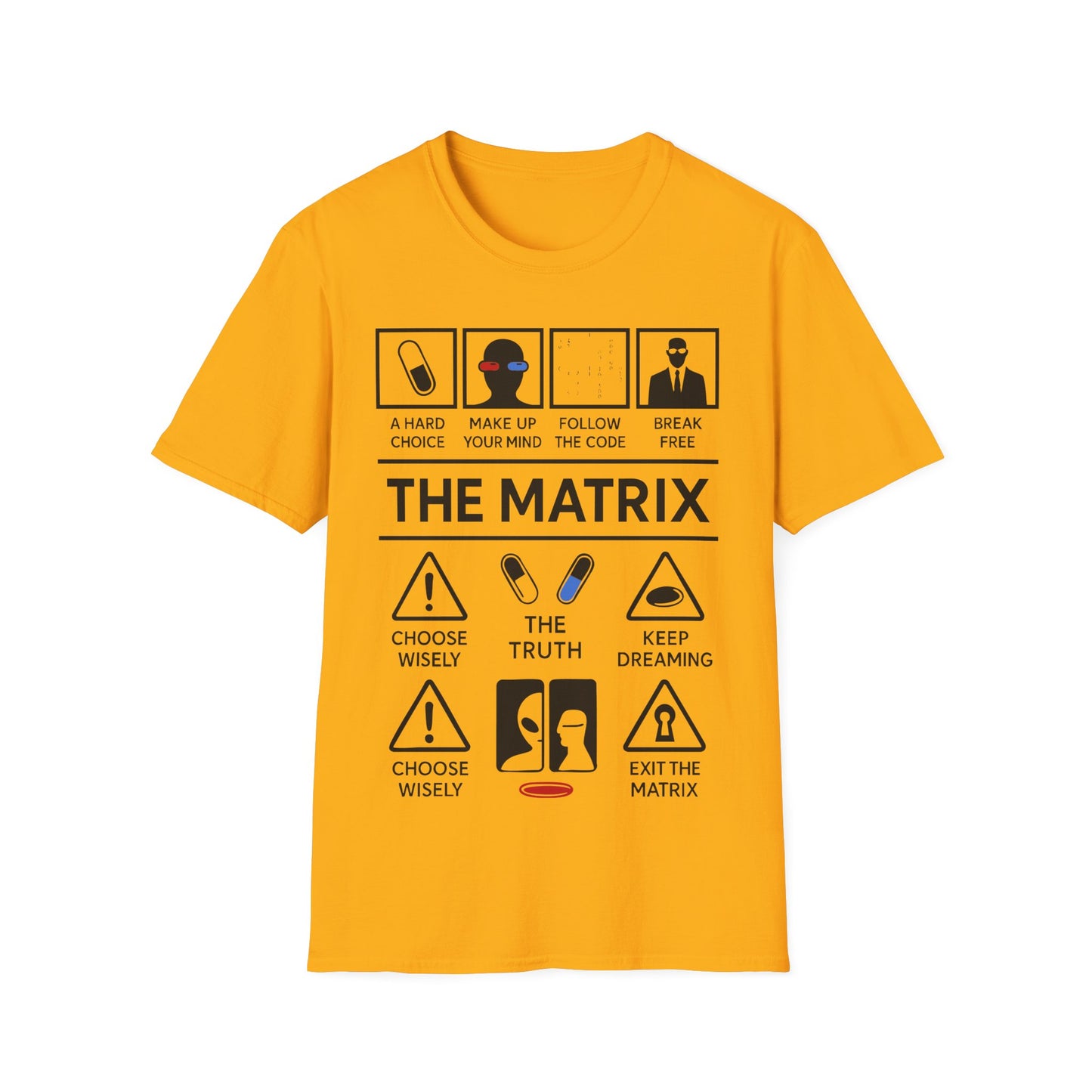 Matrix Icon Based t-shirt design, featuring bold white The Matrix lettering with red and blue pill symbols, code, suited figure, and sci-fi choice-based icon panels in a monochrome infographic style on a yellow background