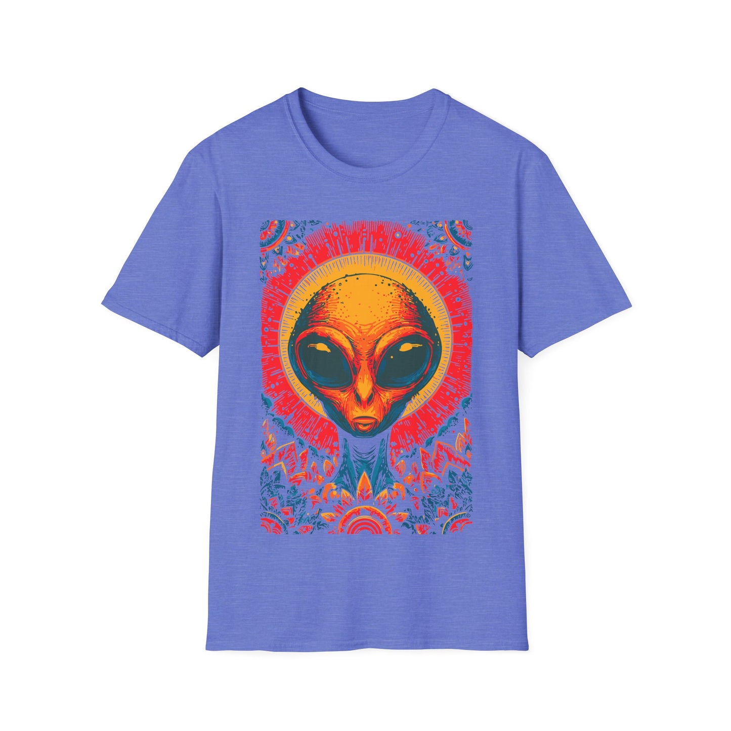 Alien Sun God Portrait t-shirt design, featuring a glowing orange alien face with halo-like sun rays and vivid blue, red, and gold ornamental patterns in a bold psychedelic illustration on a heather navy blue background