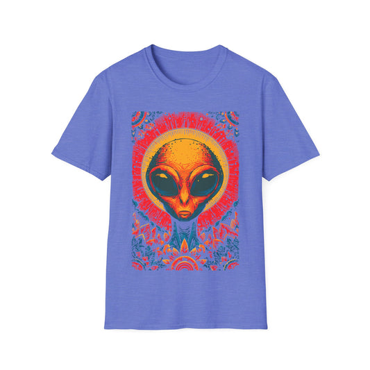 Alien Sun God Portrait t-shirt design, featuring a glowing orange alien face with halo-like sun rays and vivid blue, red, and gold ornamental patterns in a bold psychedelic illustration on a heather navy blue background