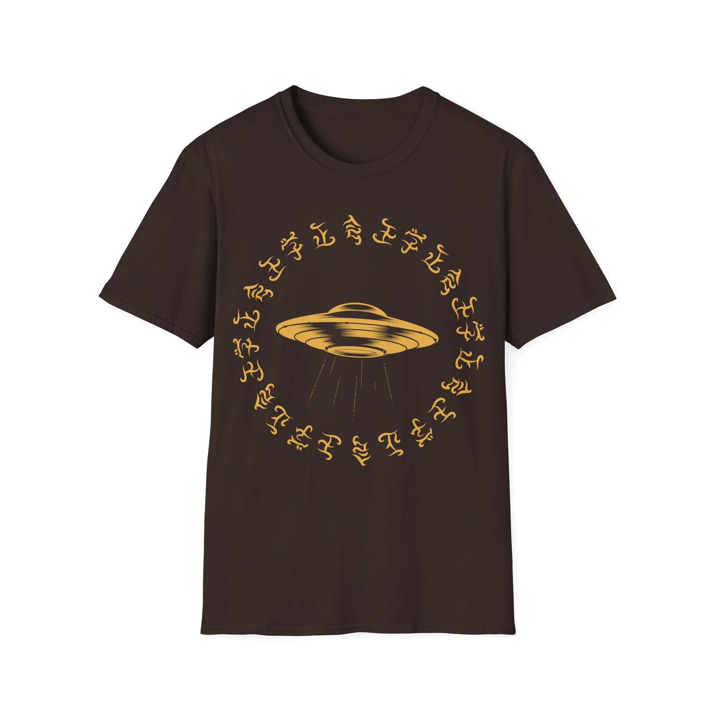 Gold UFO with beam of light t-shirt design, surrounded by a circular ring of stylized alien glyph symbols on a dark chocolate brown background