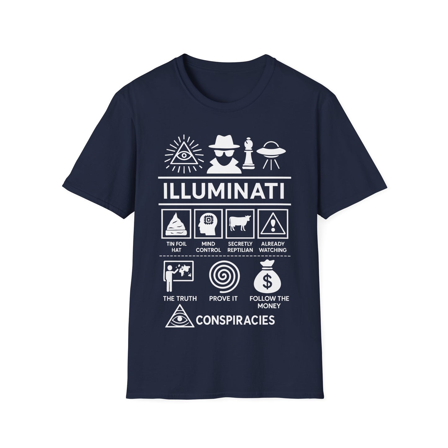 Illuminati Icon Based t-shirt design, featuring bold white Illuminati lettering with all-seeing eye, secret figure, UFO, and humorous conspiracy-themed icon panels in a monochrome infographic style on a navy blue background