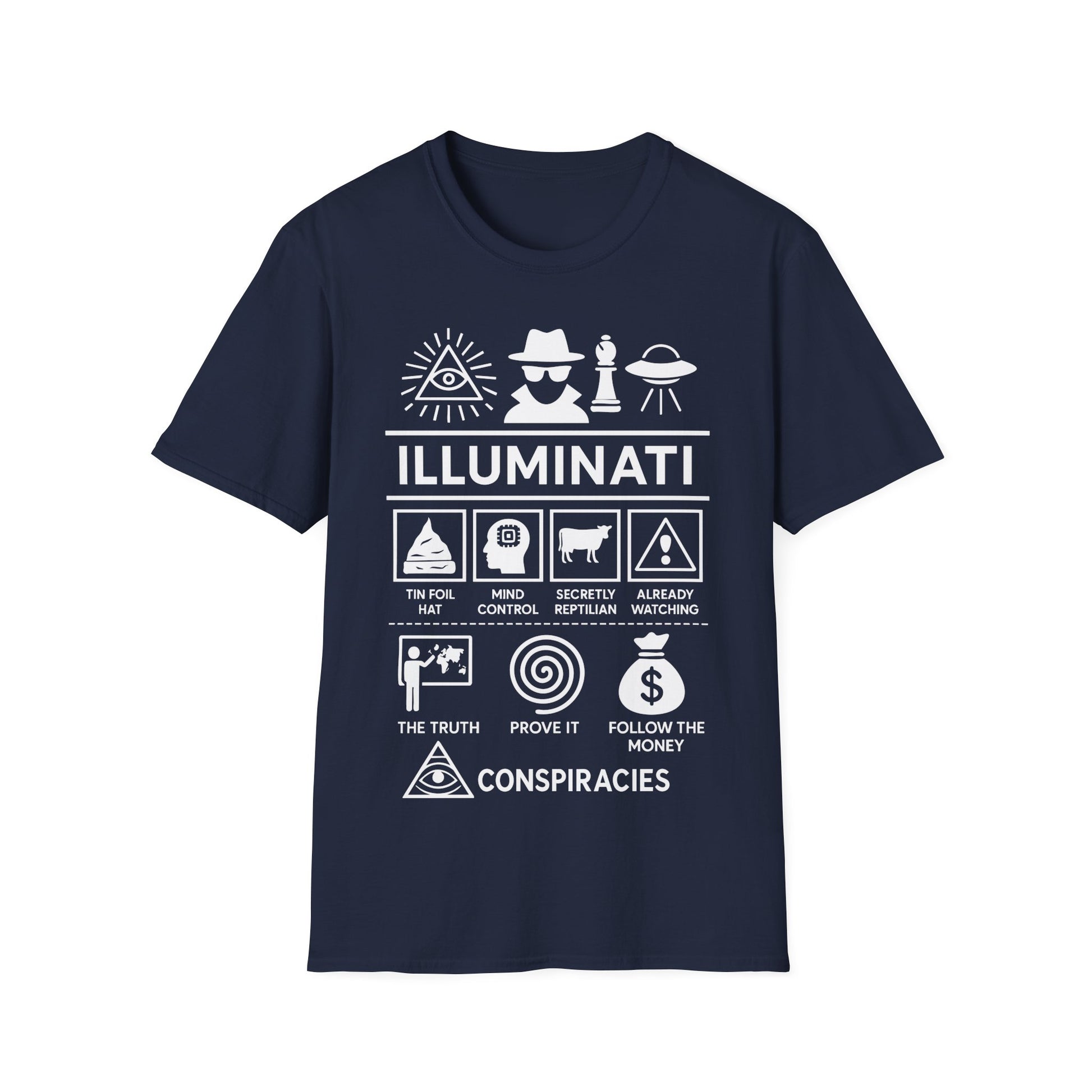 Illuminati Icon Based t-shirt design, featuring bold white Illuminati lettering with all-seeing eye, secret figure, UFO, and humorous conspiracy-themed icon panels in a monochrome infographic style on a navy blue background