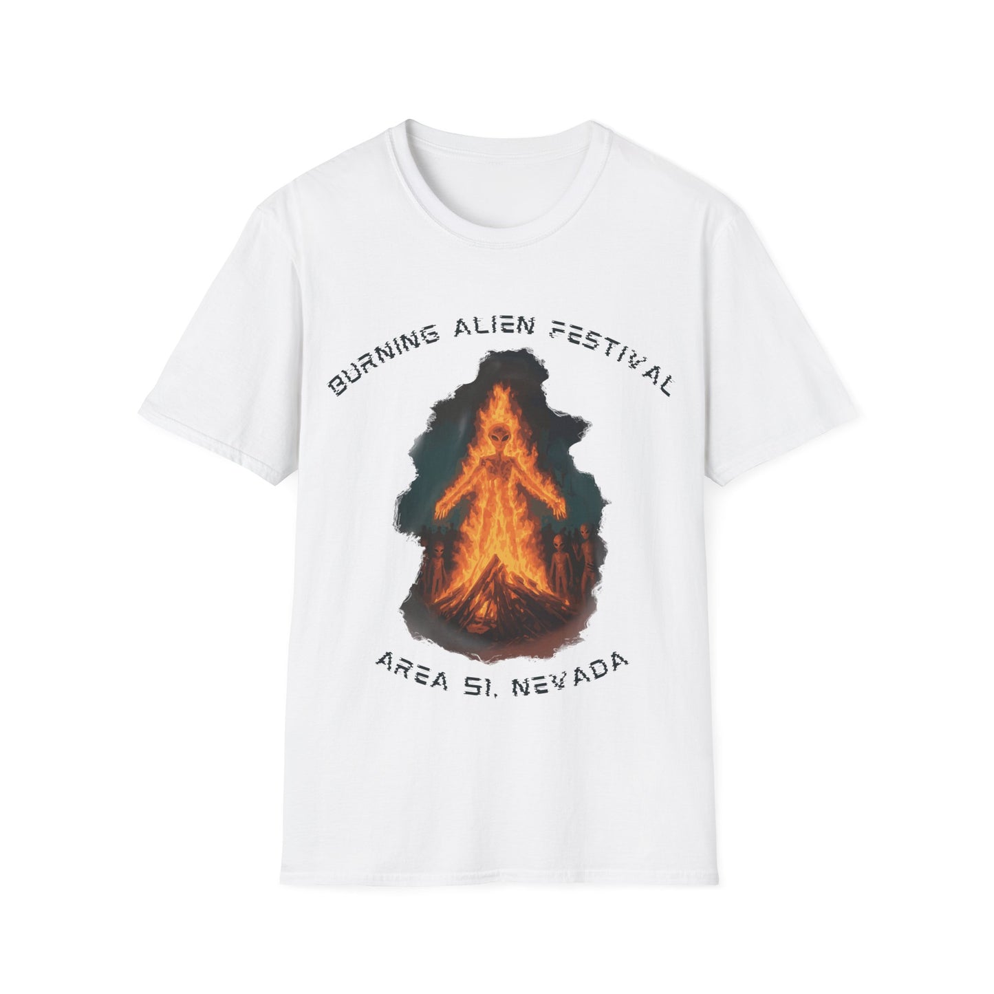 Burning Alien Festival t-shirt design with alien-shaped bonfire surrounded by aliens at Area 51 Nevada on white t-shirt