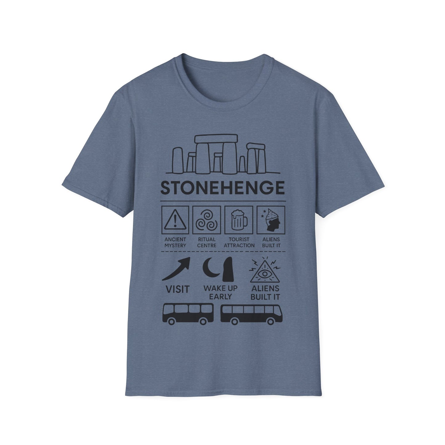 Stonehenge Icon Based t-shirt design, featuring bold white Stonehenge lettering with outlined stone monument, mystical symbols, buses, and humorous ancient mystery icon panels in a monochrome infographic style on a heather indigo background