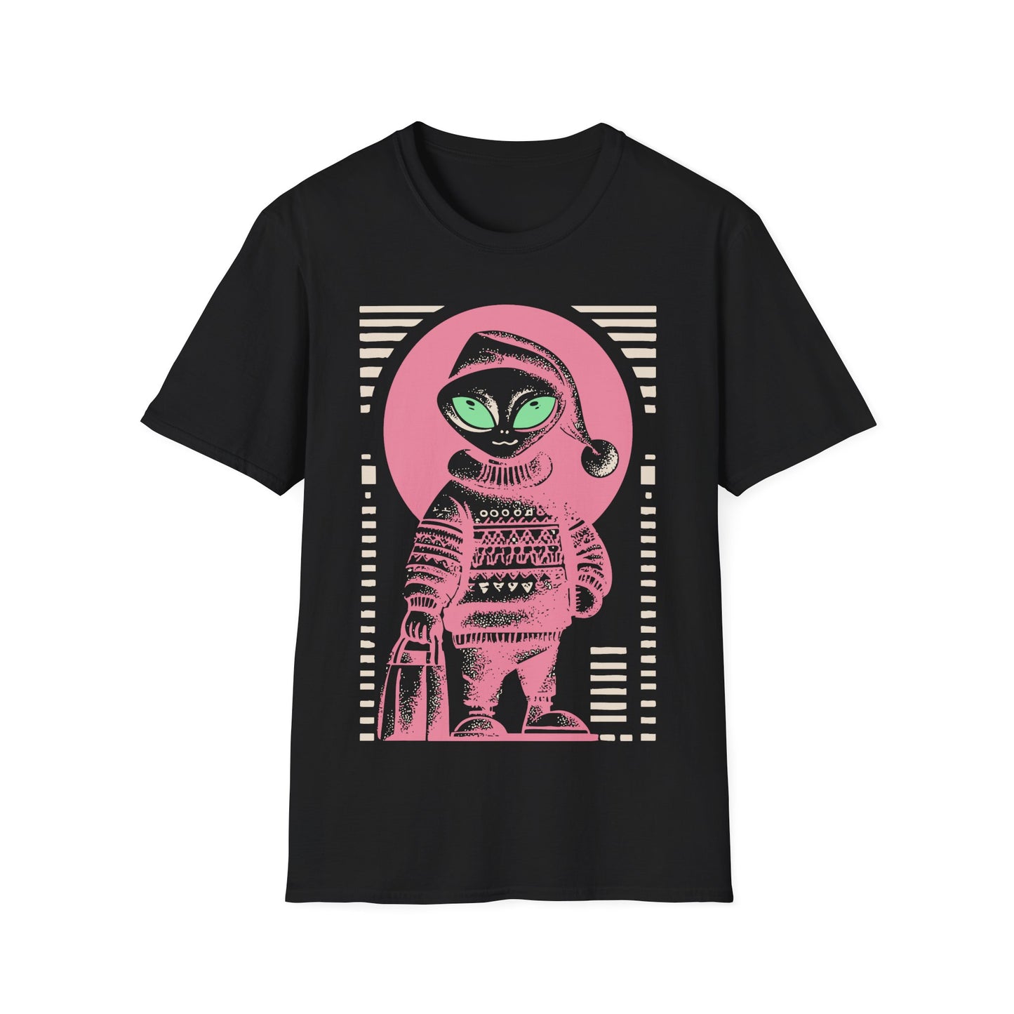 Holiday Shopper Alien t-shirt design, featuring a festive grey alien in Santa hat and patterned winter sweater carrying a shopping bag in bold illustration on a black background