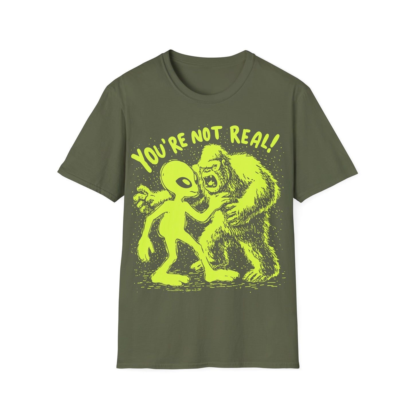 Funny alien and Bigfoot design with cartoon alien arguing with roaring sasquatch under the slogan You're Not Real on green t-shirt