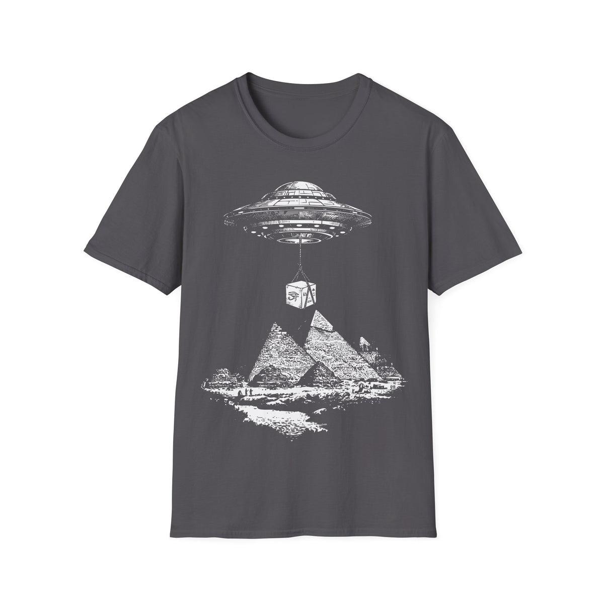 UFO Carrying Lime Block t-shirt design, featuring a flying saucer using ropes to lift a massive stone block above the pyramids of Giza in a detailed vintage illustration on a charcoal grey background