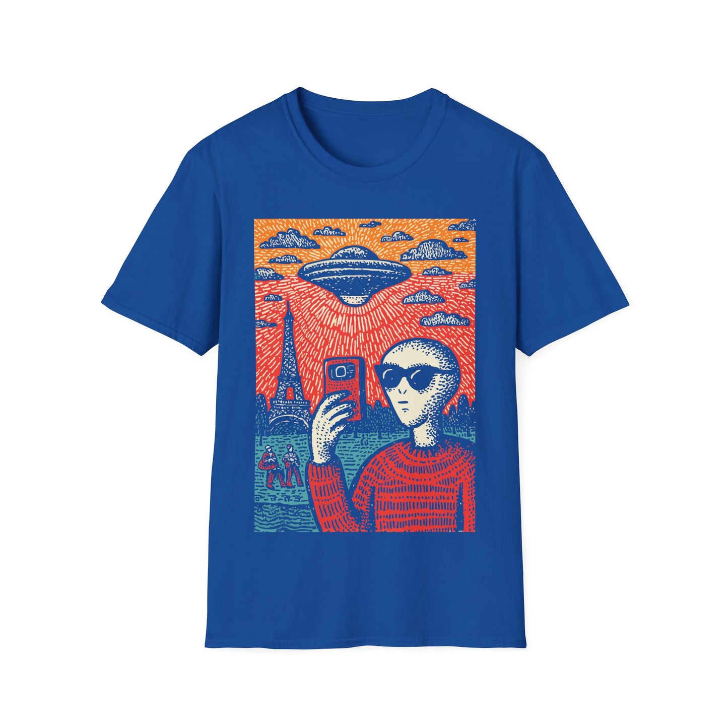 Alien Invasion Selfie Linocut t-shirt design, featuring a sunglasses wearing alien taking a selfie beneath a hovering UFO near the Eiffel Tower in a bold red, blue, and cream linocut style illustration on a royal blue background