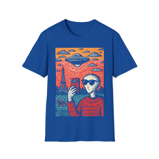 Alien Invasion Selfie Linocut t-shirt design, featuring a sunglasses wearing alien taking a selfie beneath a hovering UFO near the Eiffel Tower in a bold red, blue, and cream linocut style illustration on a royal blue background