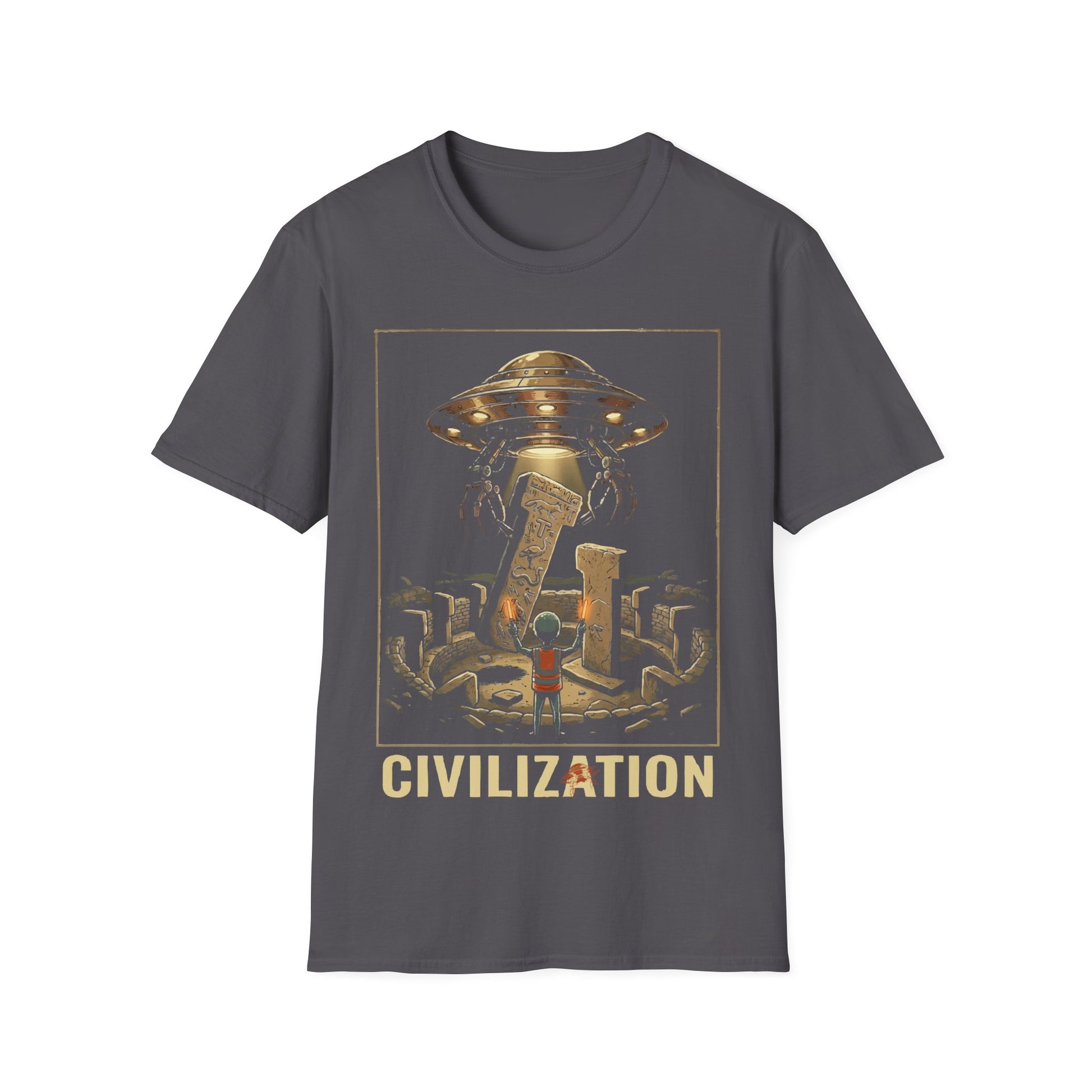 Gobeklitepe Construction t-shirt design, featuring a small alien overseeing a hovering UFO lifting carved stone pillars above an ancient circular site including word 'Civilization' in a retro sci-fi illustration on a charcoal grey background