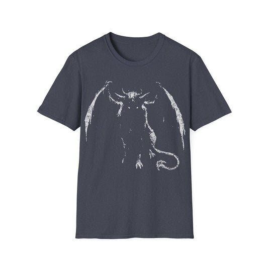 Jersey Devil Scary t-shirt design, featuring a shadowy horned winged creature with clawed hands, long tail, and glowing eyes in a distressed white silhouette on a dark grey background