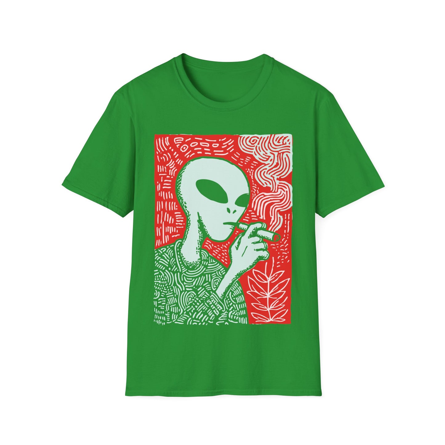 Alien smoking 420 design with cool grey alien holding a lit joint on green t-shirt