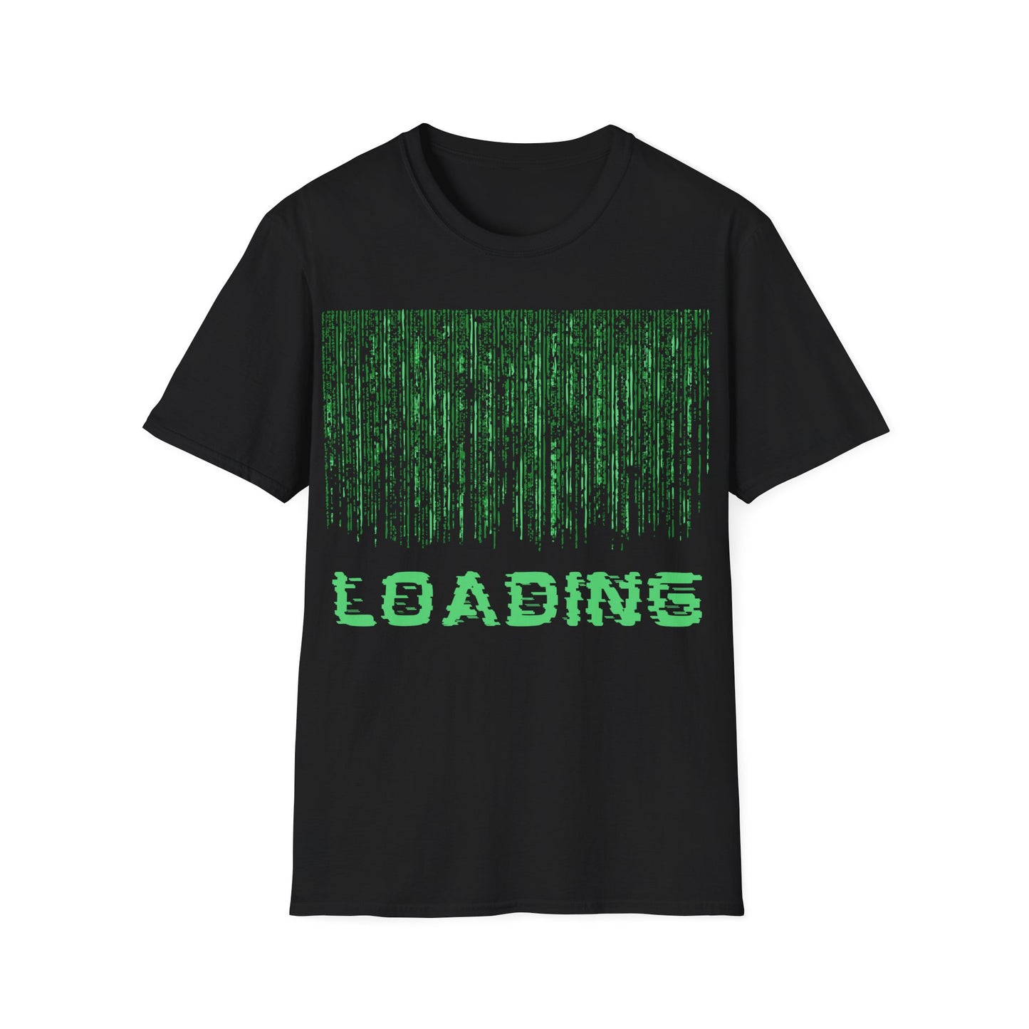Simulation Loading t-shirt design with computer-style loading bar and simulation message in glitchy sci-fi typography on black background