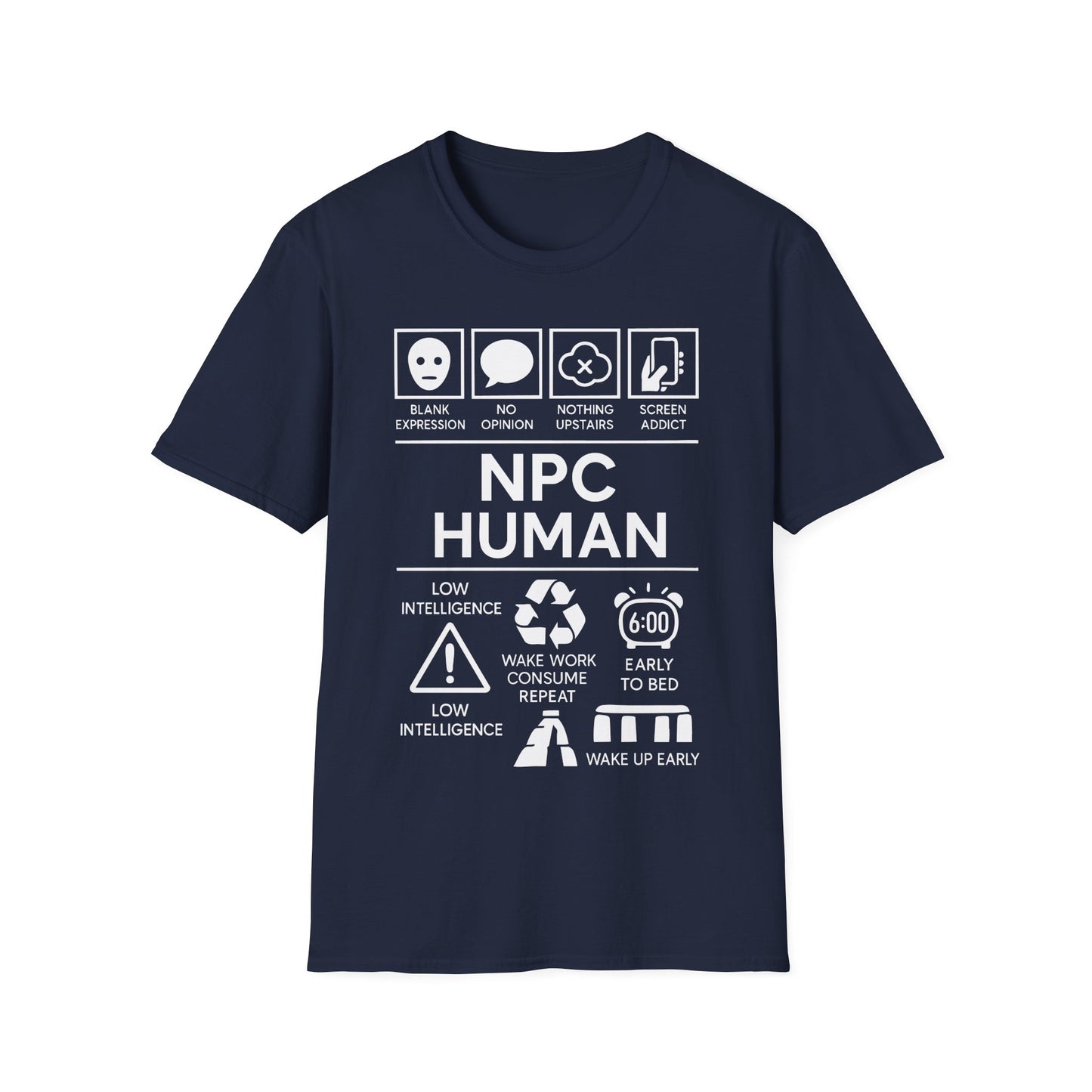 NPC Human Icon Based t-shirt design, featuring bold white NPC Human lettering with blank face, speech bubble, phone, warning symbol, alarm clock, and satirical human-behavior icon panels in a monochrome infographic style on a navy blue background