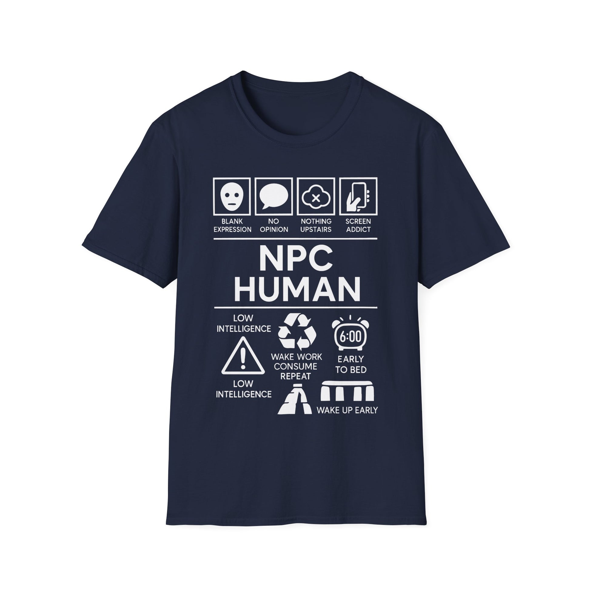 NPC Human Icon Based t-shirt design, featuring bold white NPC Human lettering with blank face, speech bubble, phone, warning symbol, alarm clock, and satirical human-behavior icon panels in a monochrome infographic style on a navy blue background