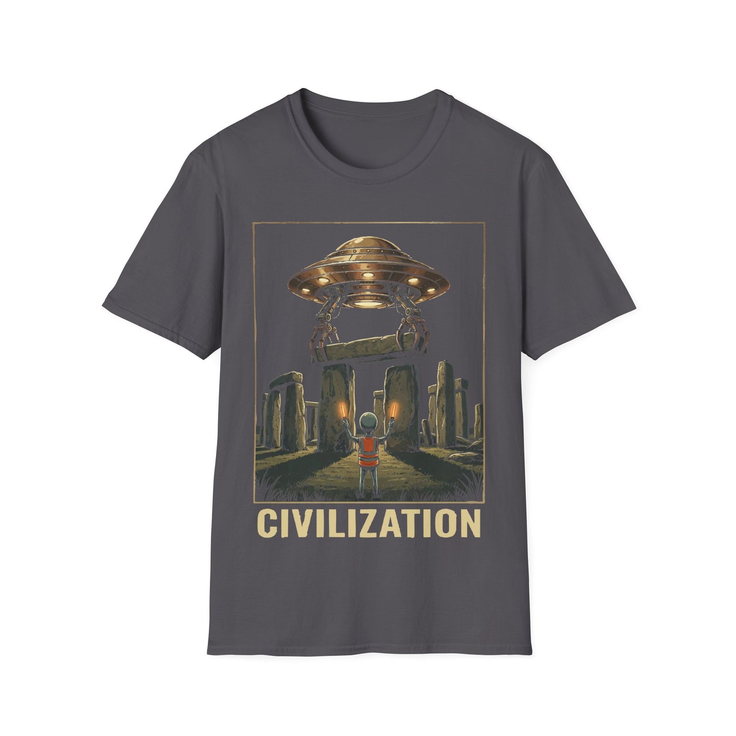 Stonehenge Construction t-shirt design, featuring a small alien overseeing a hovering UFO lifting a stone lintel into place above Stonehenge in a retro sci-fi illustration including word 'Civilization' on a charcoal grey background