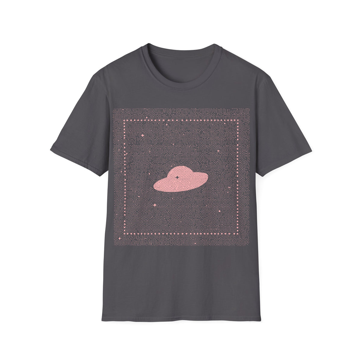 UFO Dream t-shirt design, featuring a minimalist pink flying saucer floating in a dense dotted star field, framed by a subtle square border and scattered stars in a dreamy retro cosmic style on a charcoal grey background