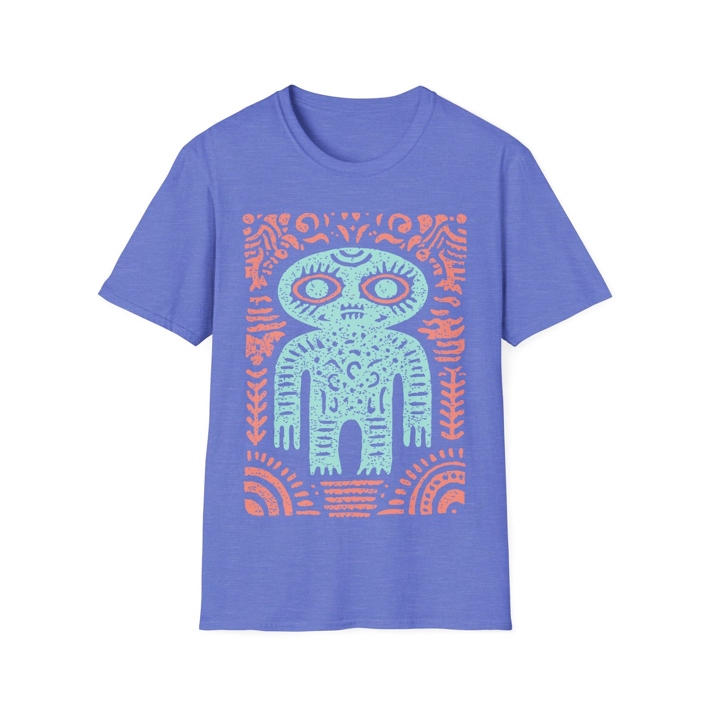 Ancient alien glyph t-shirt design with turquoise Inca-style alien figure and coral tribal patterns on blue t-shirt
