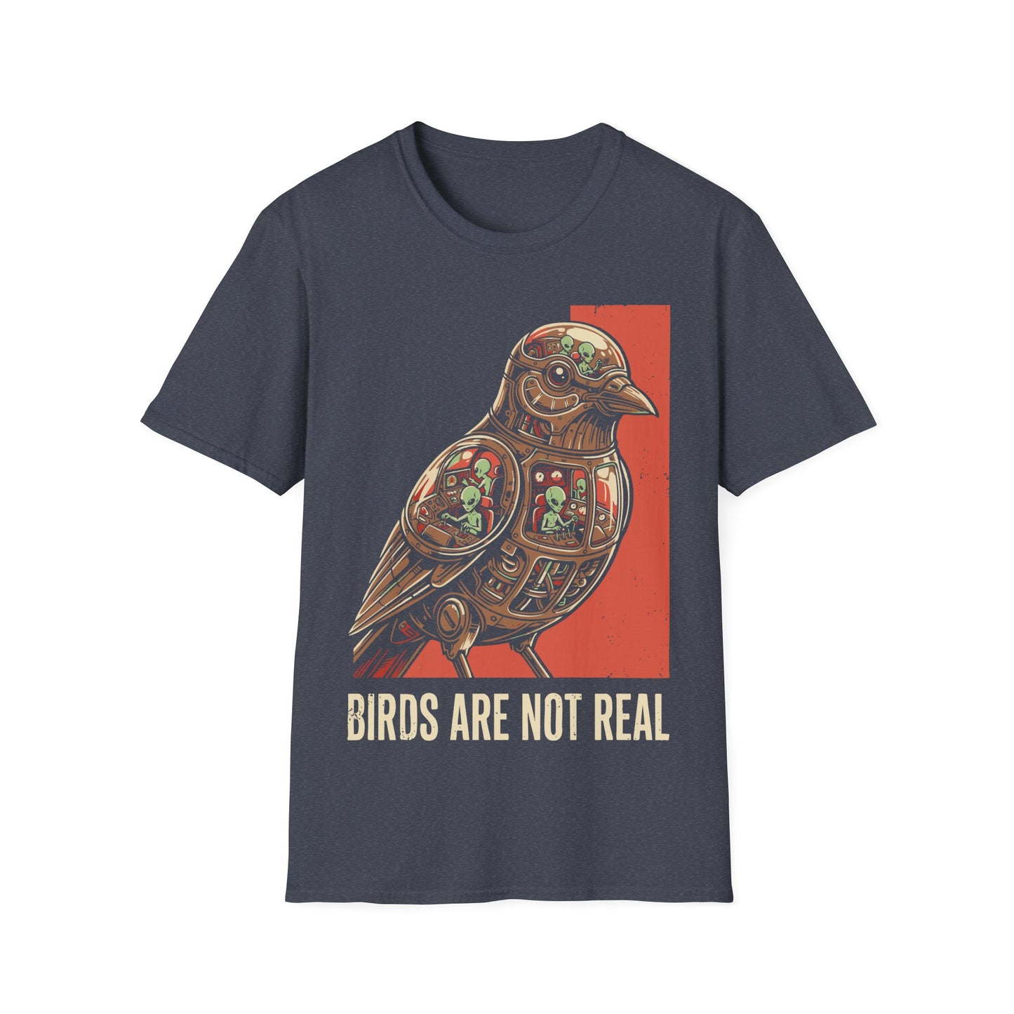 Birds Are Not Real t-shirt design, featuring a mechanical bird packed with tiny green aliens operating control panels inside in a retro sci-fi illustration on a grey background