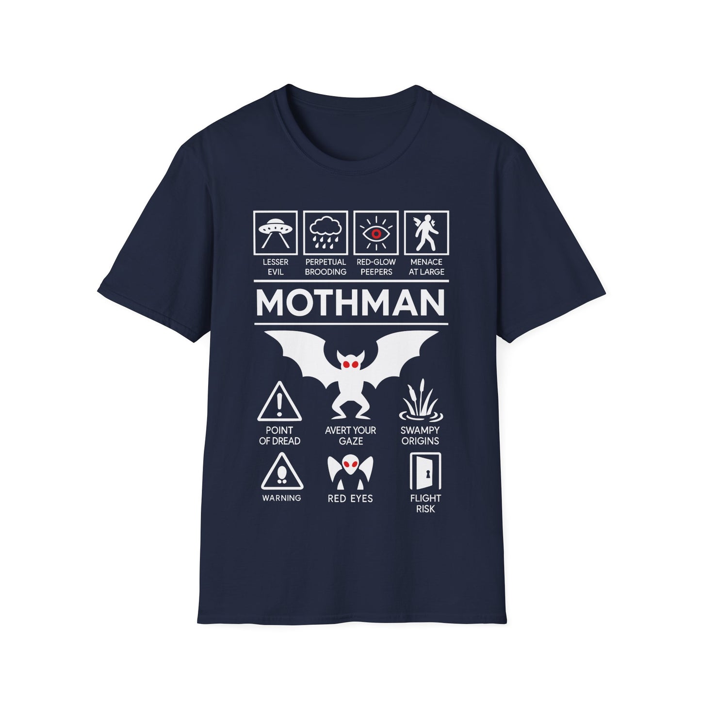 Mothman Icon Based t-shirt design, featuring bold white Mothman lettering with red-eyed winged creature, UFO, warning symbols, and cryptid-themed icon panels in a monochrome infographic style on a navy blue background