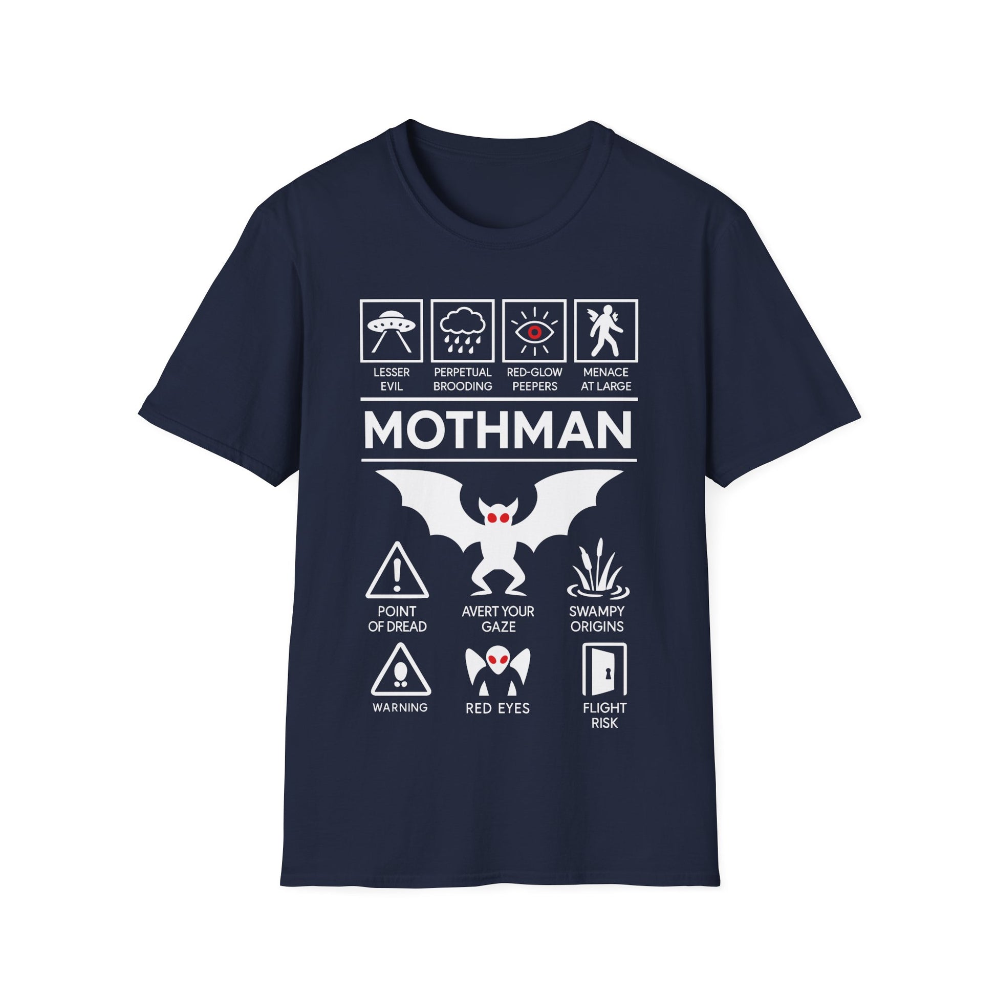 Mothman Icon Based t-shirt design, featuring bold white Mothman lettering with red-eyed winged creature, UFO, warning symbols, and cryptid-themed icon panels in a monochrome infographic style on a navy blue background