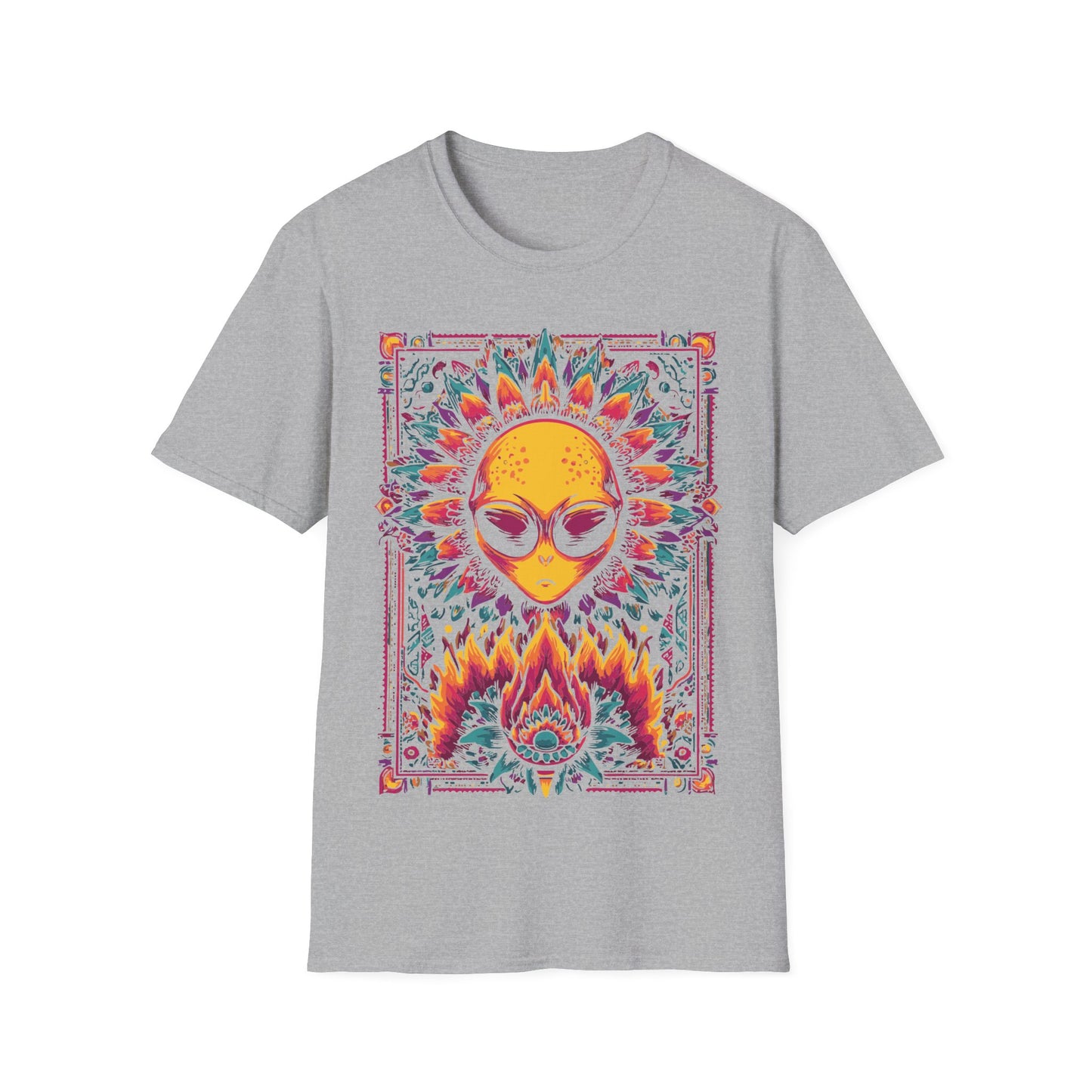 Psychedelic Alien Floral t-shirt design, featuring a glowing yellow alien head framed by vivid pink, teal, and orange floral patterns in a symmetrical psychedelic illustration on a sport grey background