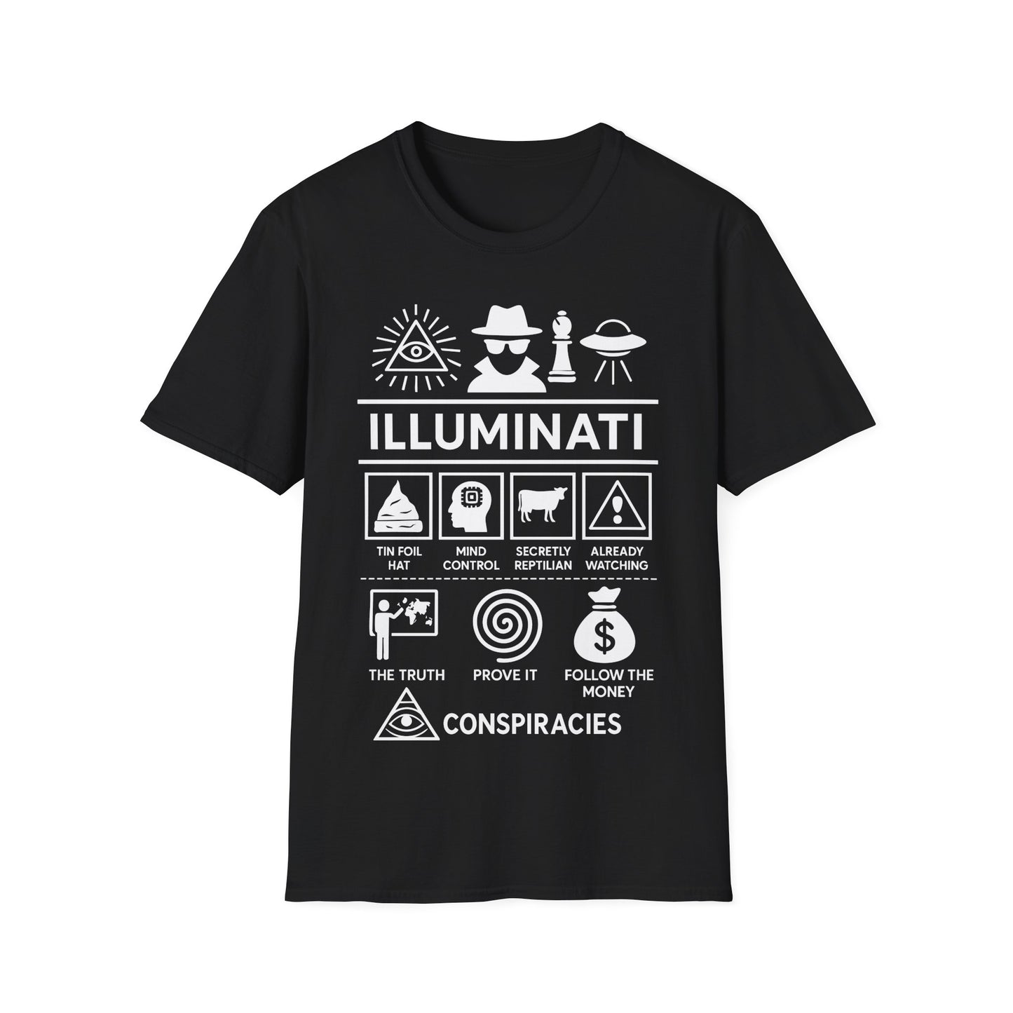 Illuminati Icon Based t-shirt design, featuring bold white Illuminati lettering with all-seeing eye, secret figure, UFO, and humorous conspiracy-themed icon panels in a monochrome infographic style on a black background