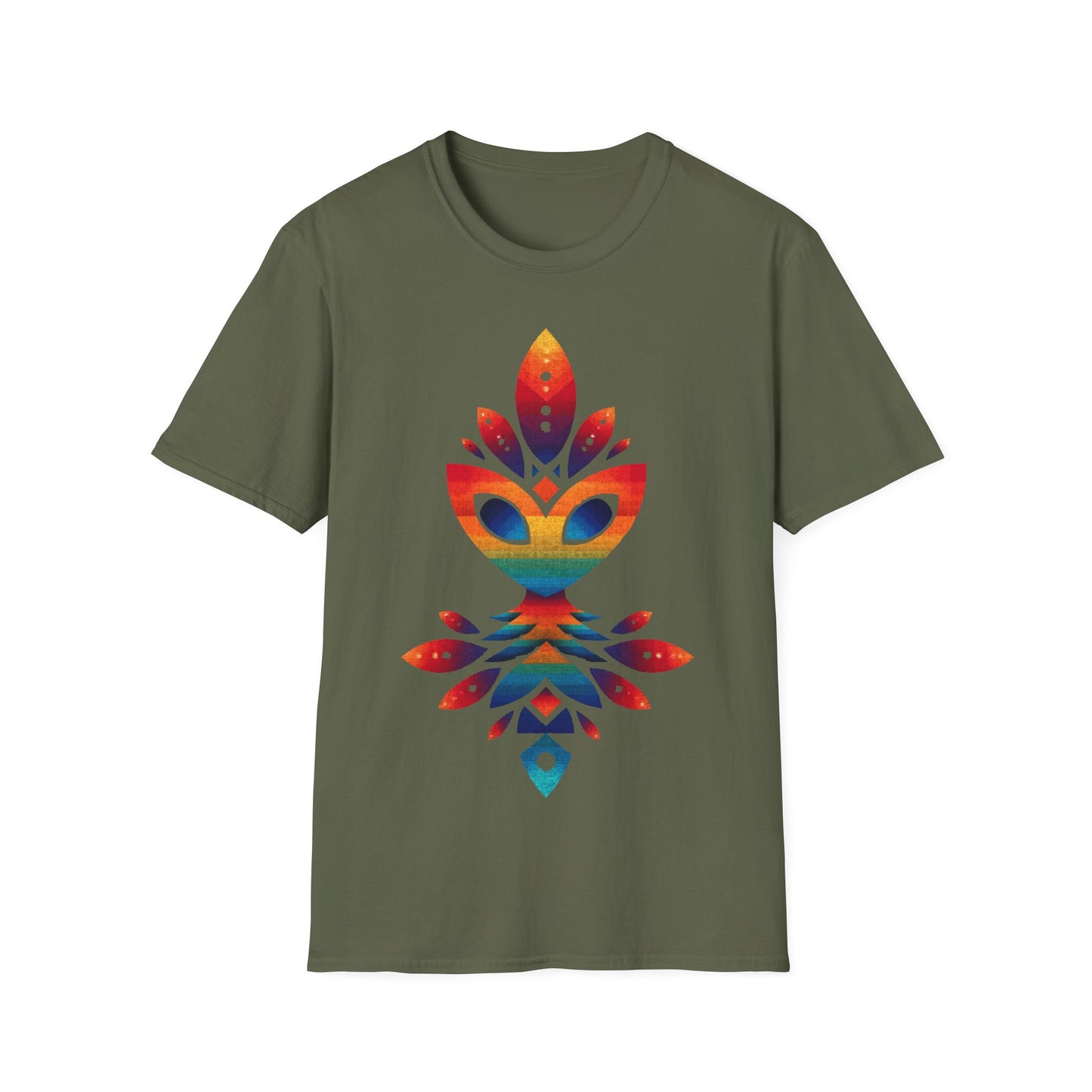 Rainbow Alien Totem t-shirt design, featuring a stylized rainbow-gradient alien face merged with symmetrical totemic leaf and geometric shapes in a vibrant psychedelic illustration on a military green background