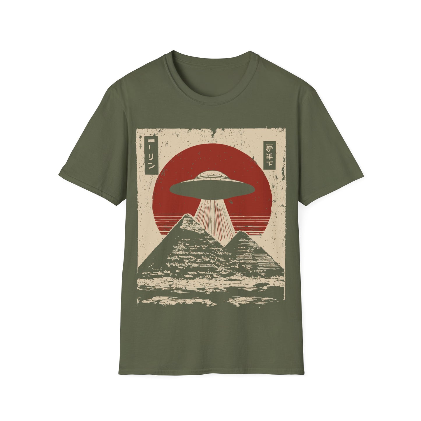 Pyramids Desert Extraction t-shirt design, featuring a classic flying saucer beaming down over two pyramids with Japanese inspired text elements and a distressed red sun in a vintage retro sci-fi illustration on a military green background