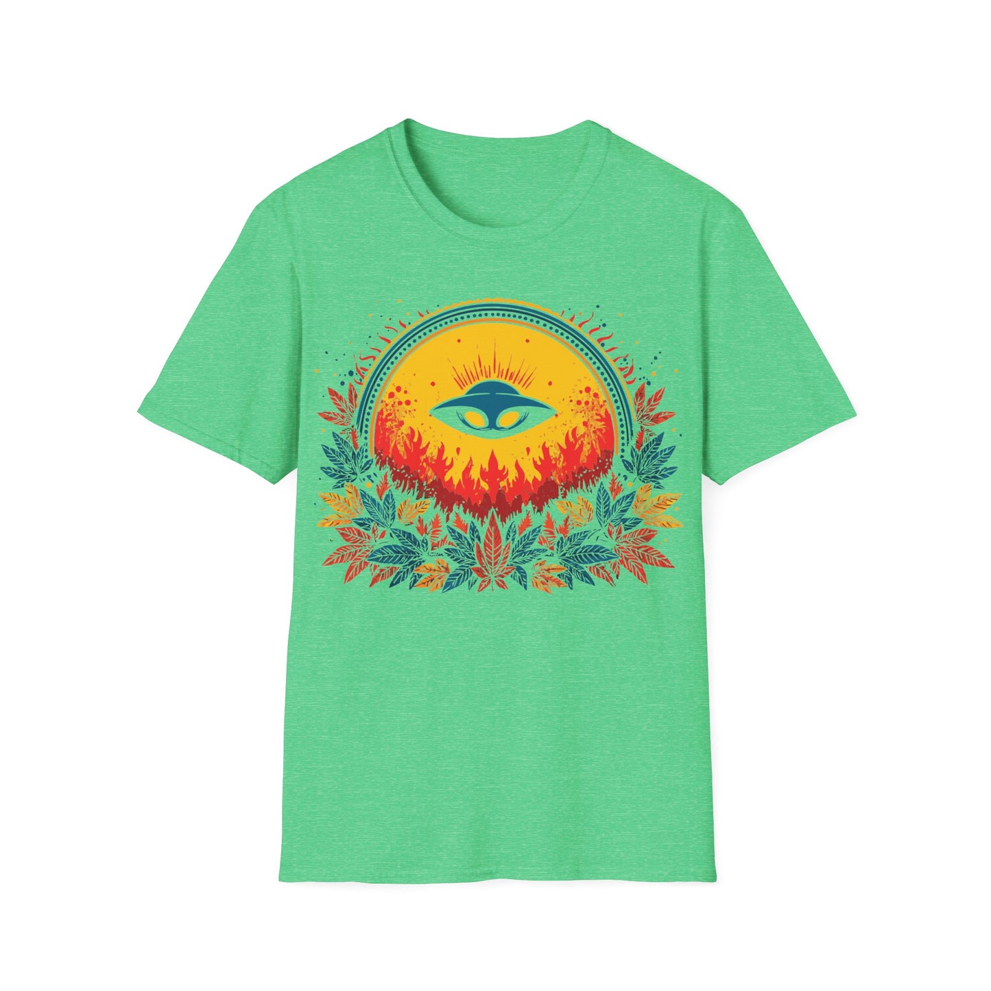 UFO Sun Fire t-shirt design, featuring a blue flying saucer silhouetted against a glowing golden sun with red flames and vibrant red, blue, and yellow foliage on a heather green background