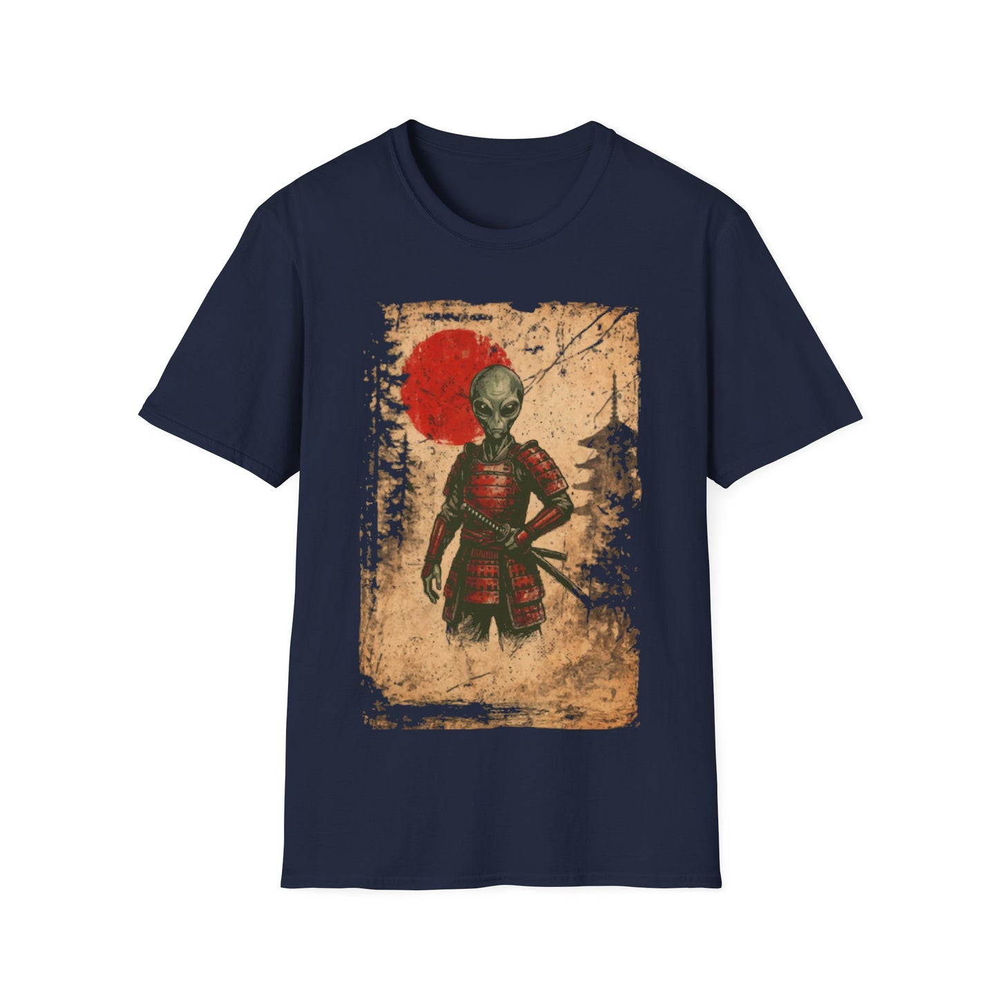 Alien Samurai t-shirt design, featuring a grey alien warrior in red samurai armor with a sheathed katana against a distressed parchment style background with a red sun behind it on a navy blue background