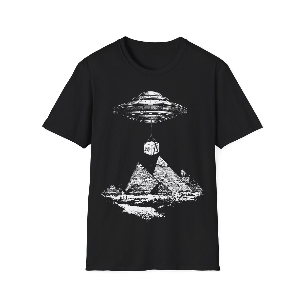 UFO Carrying Lime Block t-shirt design, featuring a flying saucer using ropes to lift a massive stone block above the pyramids of Giza in a detailed vintage illustration on a black background