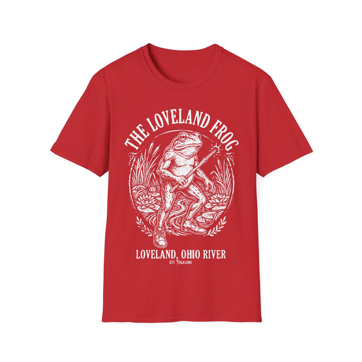 Loveland Frog t-shirt design, featuring a humanoid frog holding a glowing wand in a marsh filled with reeds and lily pads, framed by bold “The Loveland Frog” and “Loveland, Ohio River” lettering in a detailed vintage folklore illustration on a red background