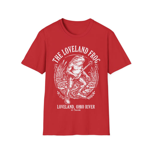Loveland Frog t-shirt design, featuring a humanoid frog holding a glowing wand in a marsh filled with reeds and lily pads, framed by bold “The Loveland Frog” and “Loveland, Ohio River” lettering in a detailed vintage folklore illustration on a red background