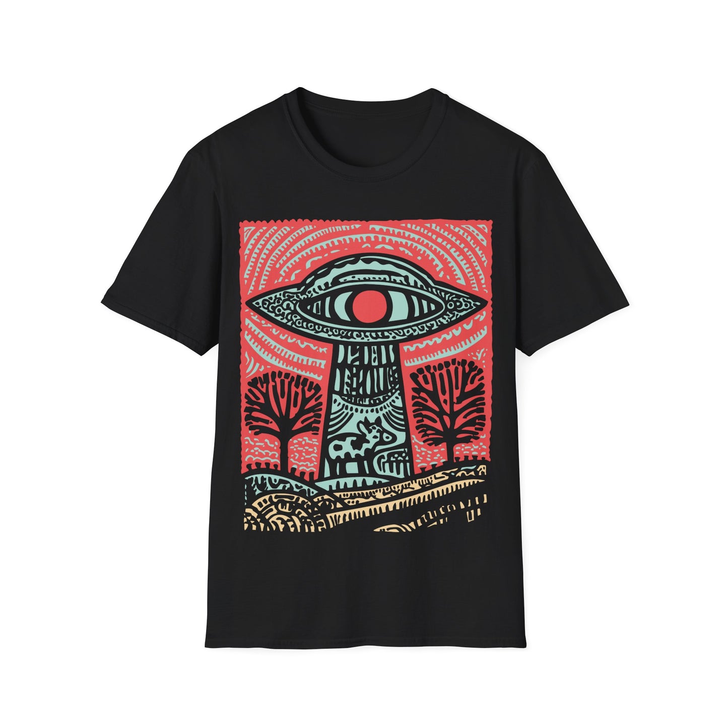 All-seeing UFO cow abduction design with eye-shaped flying saucer beaming up cow in colorful folk art landscape on black t-shirt