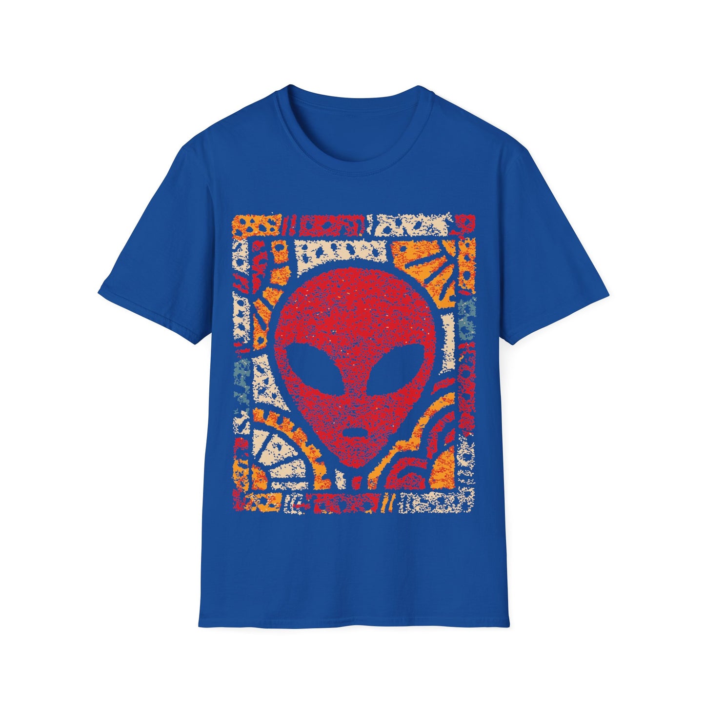 Art deco alien design with red alien face and bold geometric sunburst mosaic patterns in yellow, orange and cream on blue t-shirt