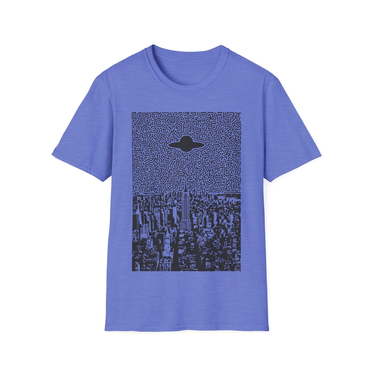 UFO over New York t-shirt design with flying saucer hovering above New York City skyline and abstract maze-pattern night sky on blue t-shirt