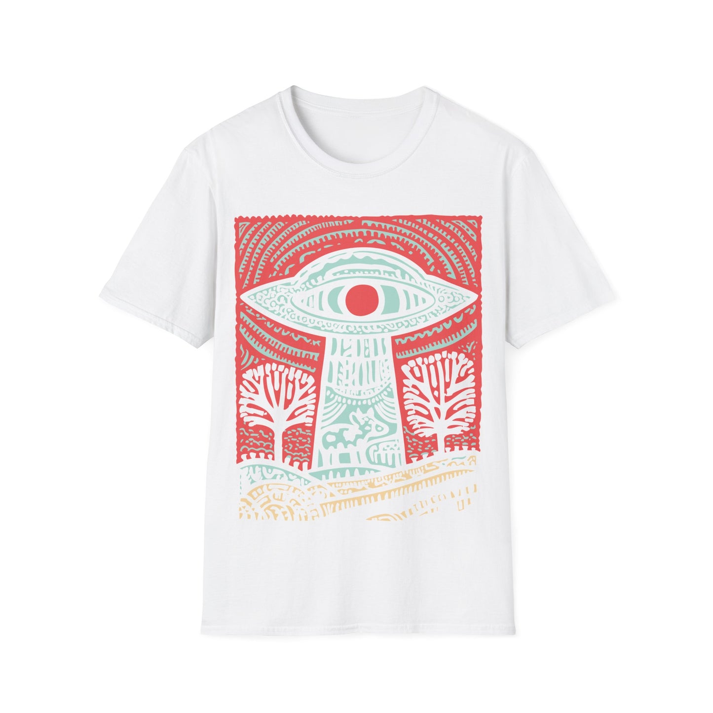 All-seeing UFO cow abduction design with eye-shaped flying saucer beaming up cow in colorful folk art landscape on white t-shirt
